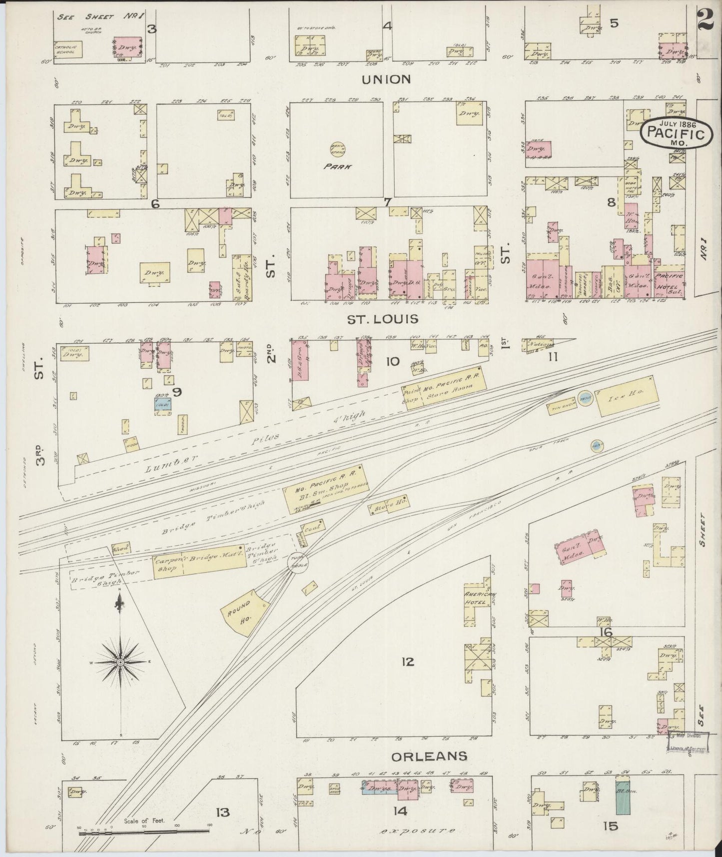 Sanborn Fire Insurance Map from Pacific, Franklin County, Missouri (1886), Sheet #0002 - Complete Map Set gallery image, historic Sanborn map, vintage wall art, Missouri Missouri