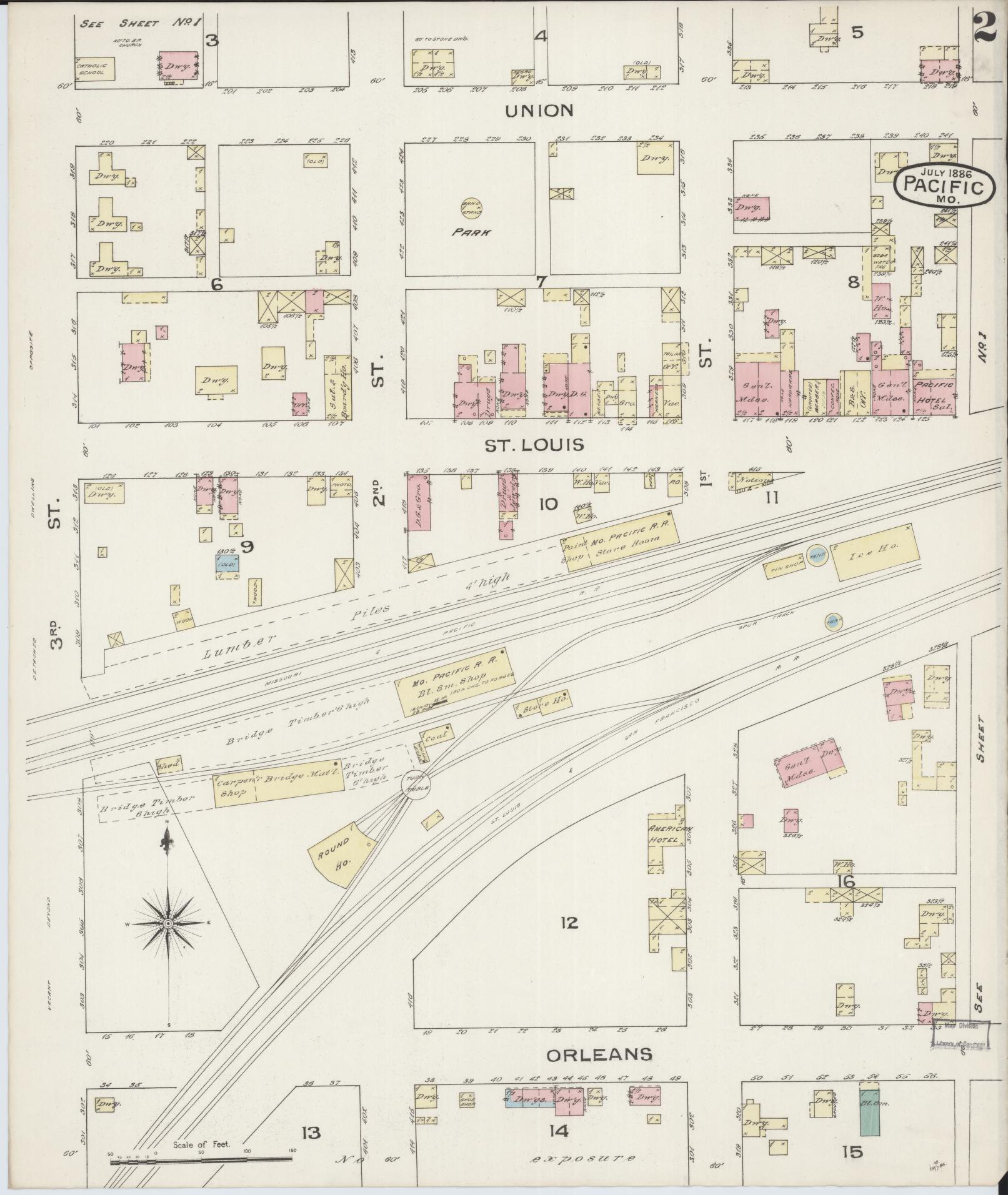 Sanborn Fire Insurance Map from Pacific, Franklin County, Missouri (1886), Sheet #0002 - Complete Map Set gallery image, historic Sanborn map, vintage wall art, Missouri Missouri