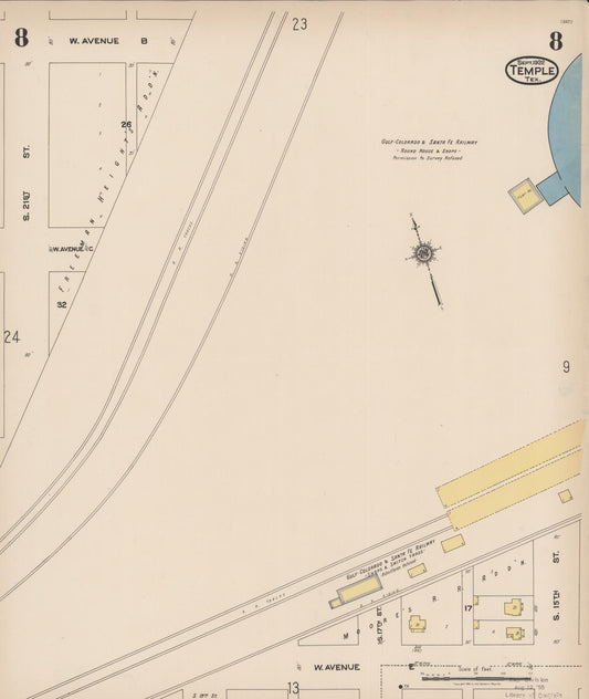 Sanborn Fire Insurance Map from Temple, Bell County, Texas (1922), Sheet #0008 - Historic Sanborn Fire Insurance Map Print, vintage old map wall art, antique decor, genealogy gift, Texas Texas map