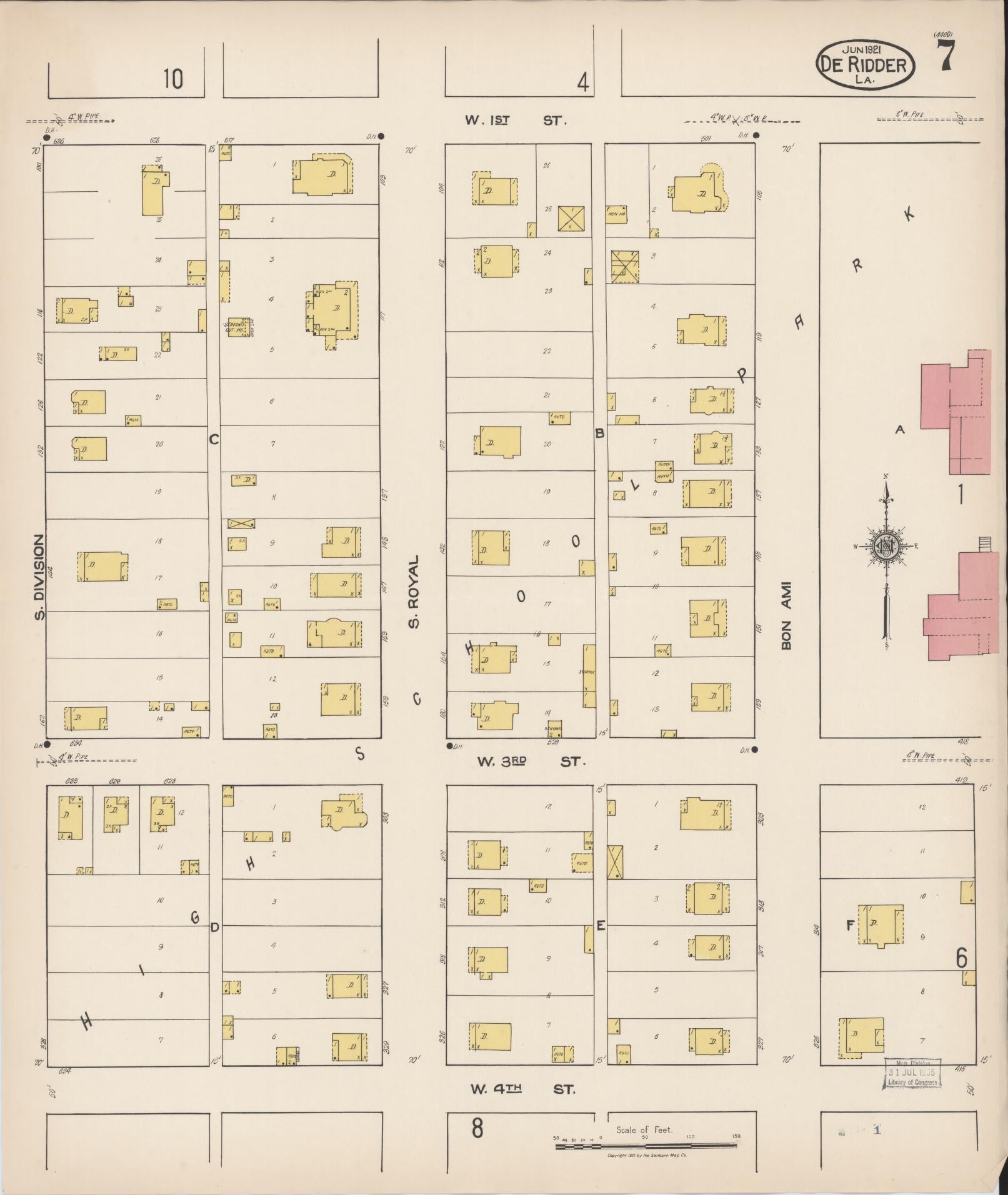 Sanborn Fire Insurance Map from De Ridder, Beauregard Parish, Louisiana (1921), Sheet #0007 - Complete Map Set gallery image, historic Sanborn map, vintage wall art, Louisiana Louisiana