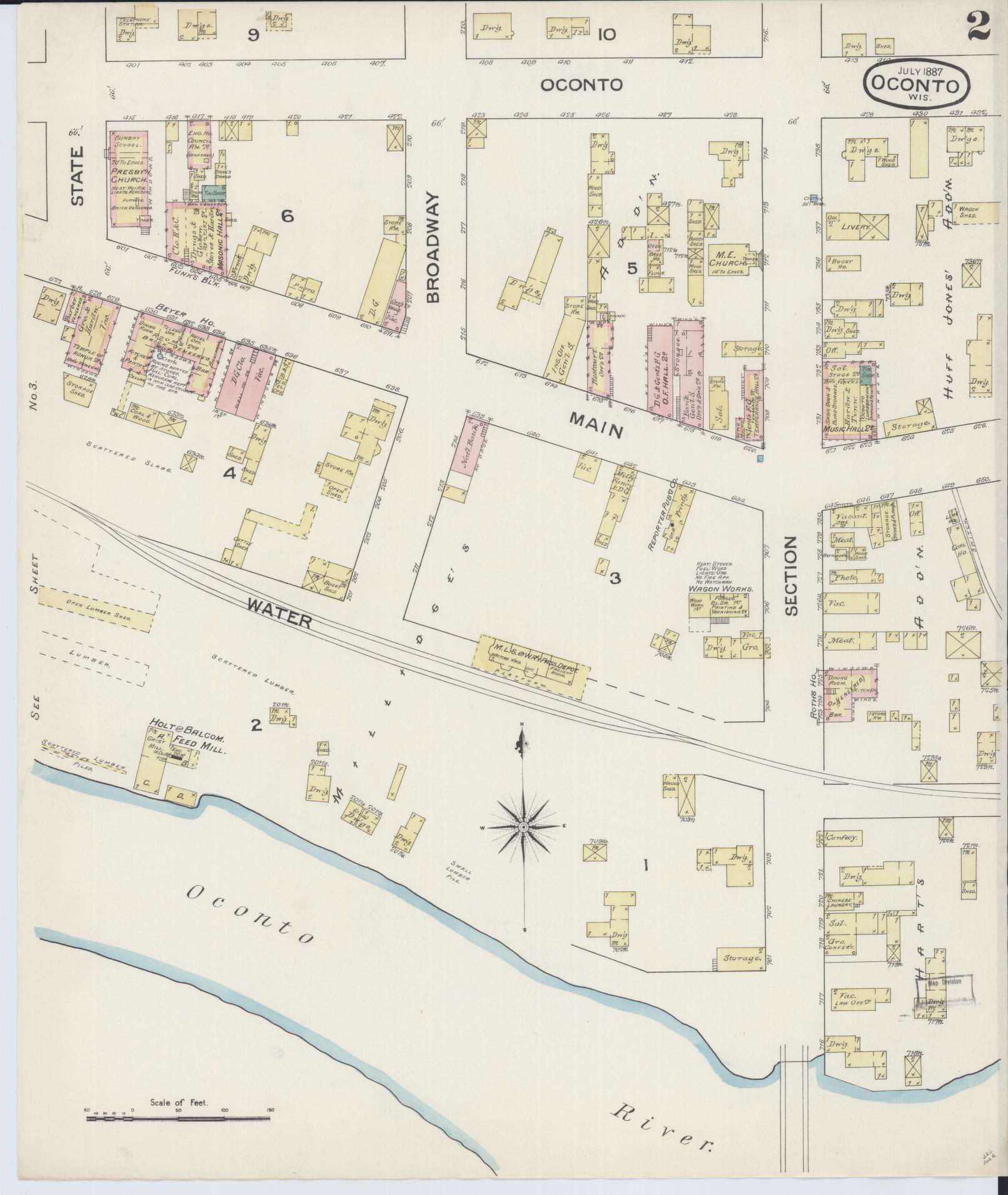 Sanborn Fire Insurance Map from Oconto, Oconto County, Wisconsin (1887), Sheet #0002 - Complete Map Set gallery image, historic Sanborn map, vintage wall art, Wisconsin Wisconsin