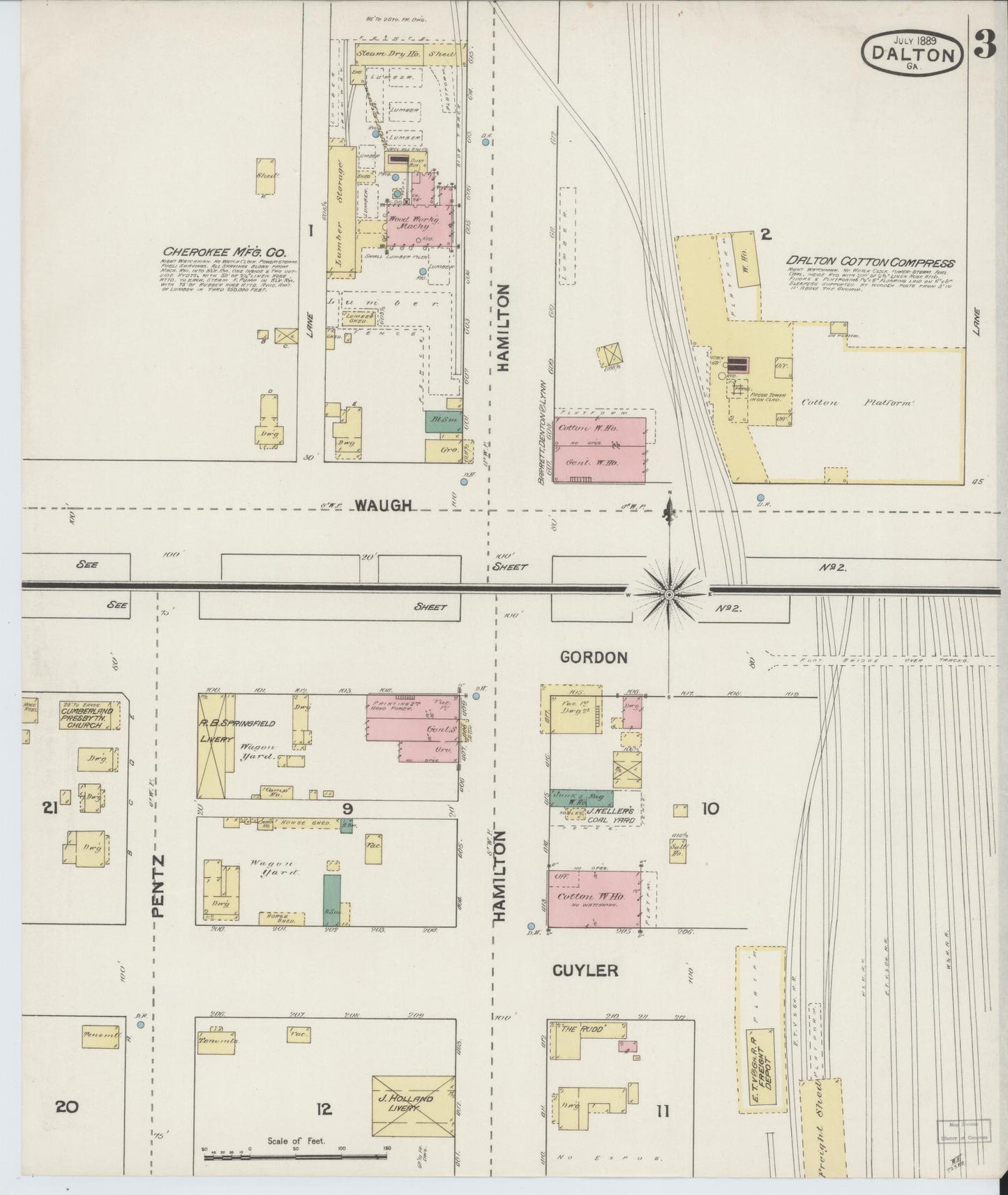 Sanborn Fire Insurance Map from Dalton, Whitfield County, Georgia (1889), Sheet #0003 - Complete Map Set gallery image, historic Sanborn map, vintage wall art, Georgia Georgia