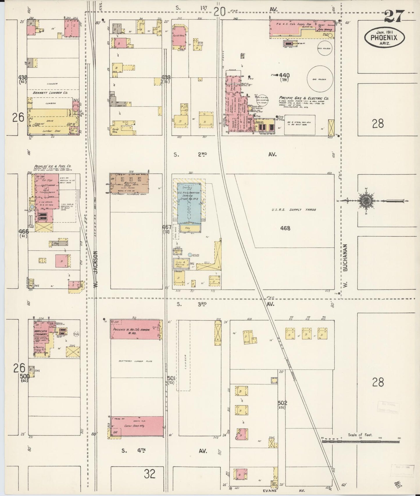 Sanborn Fire Insurance Map from Phoenix, Maricopa County, Arizona (1911), Sheet #0027 - Historic Sanborn Fire Insurance Map Print, vintage old map wall art, antique decor, genealogy gift, Arizona Arizona map