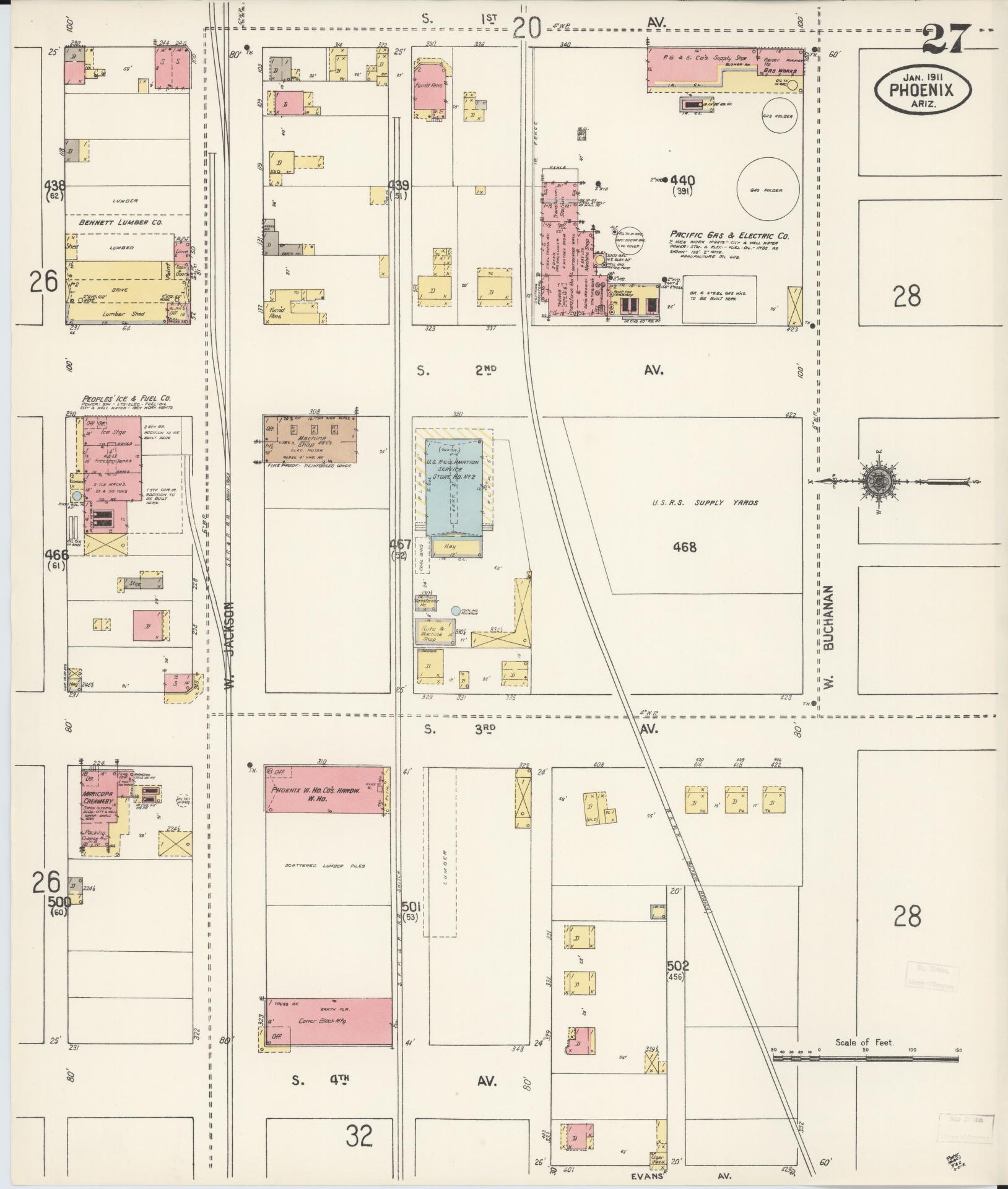 Sanborn Fire Insurance Map from Phoenix, Maricopa County, Arizona (1911), Sheet #0027 - Historic Sanborn Fire Insurance Map Print, vintage old map wall art, antique decor, genealogy gift, Arizona Arizona map