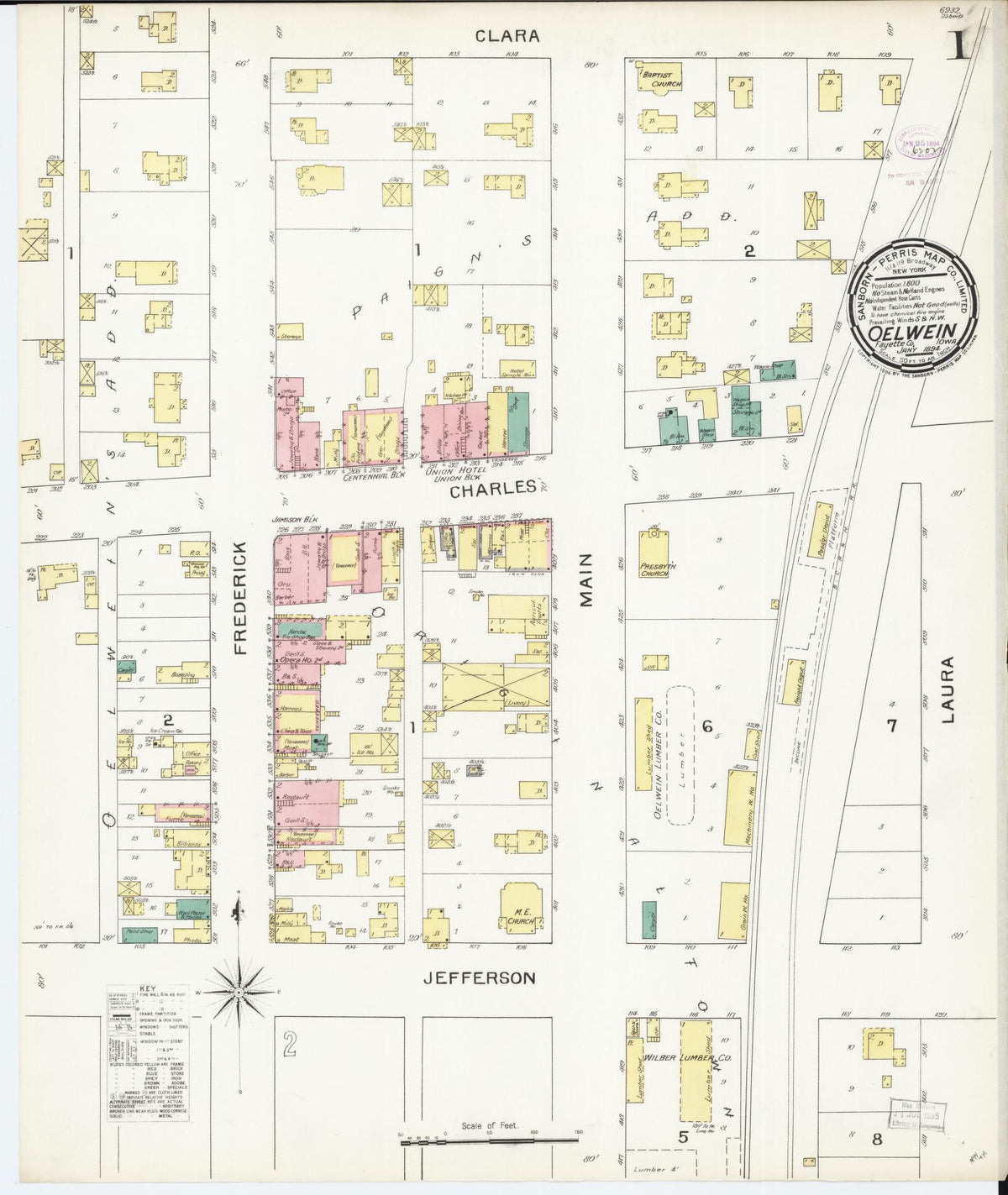 Sanborn Fire Insurance Map from Oelwein, Fayette County, Iowa (1894), Sheet #0001 - Historic Sanborn Fire Insurance Map Print, vintage old map wall art