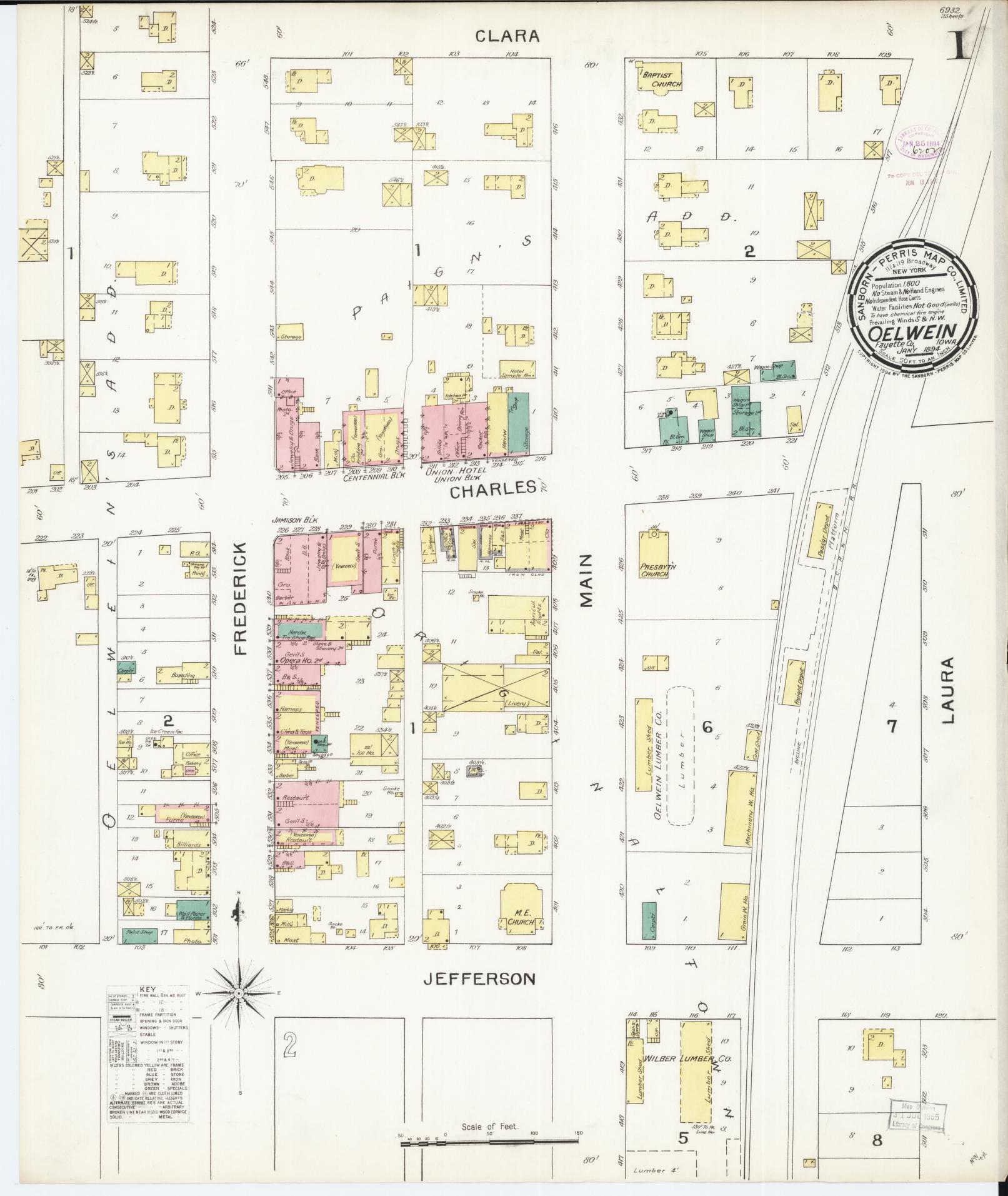 Sanborn Fire Insurance Map from Oelwein, Fayette County, Iowa (1894), Sheet #0001 - Historic Sanborn Fire Insurance Map Print, vintage old map wall art