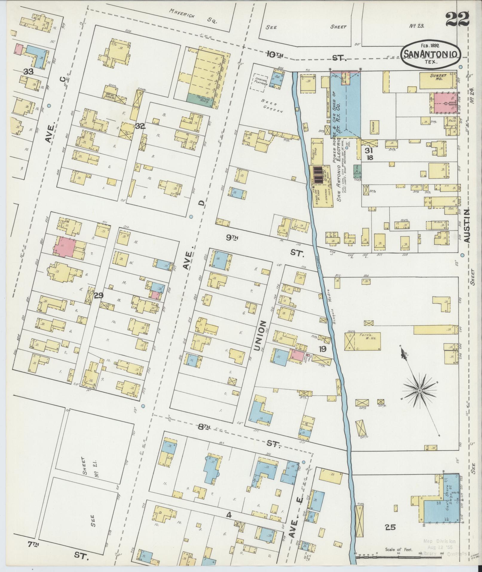 Sanborn Fire Insurance Map from San Antonio, Bexar County, Texas (1892), Sheet #0022 - Historic Sanborn Fire Insurance Map Print, vintage old map wall art, antique decor, genealogy gift, Texas Texas map