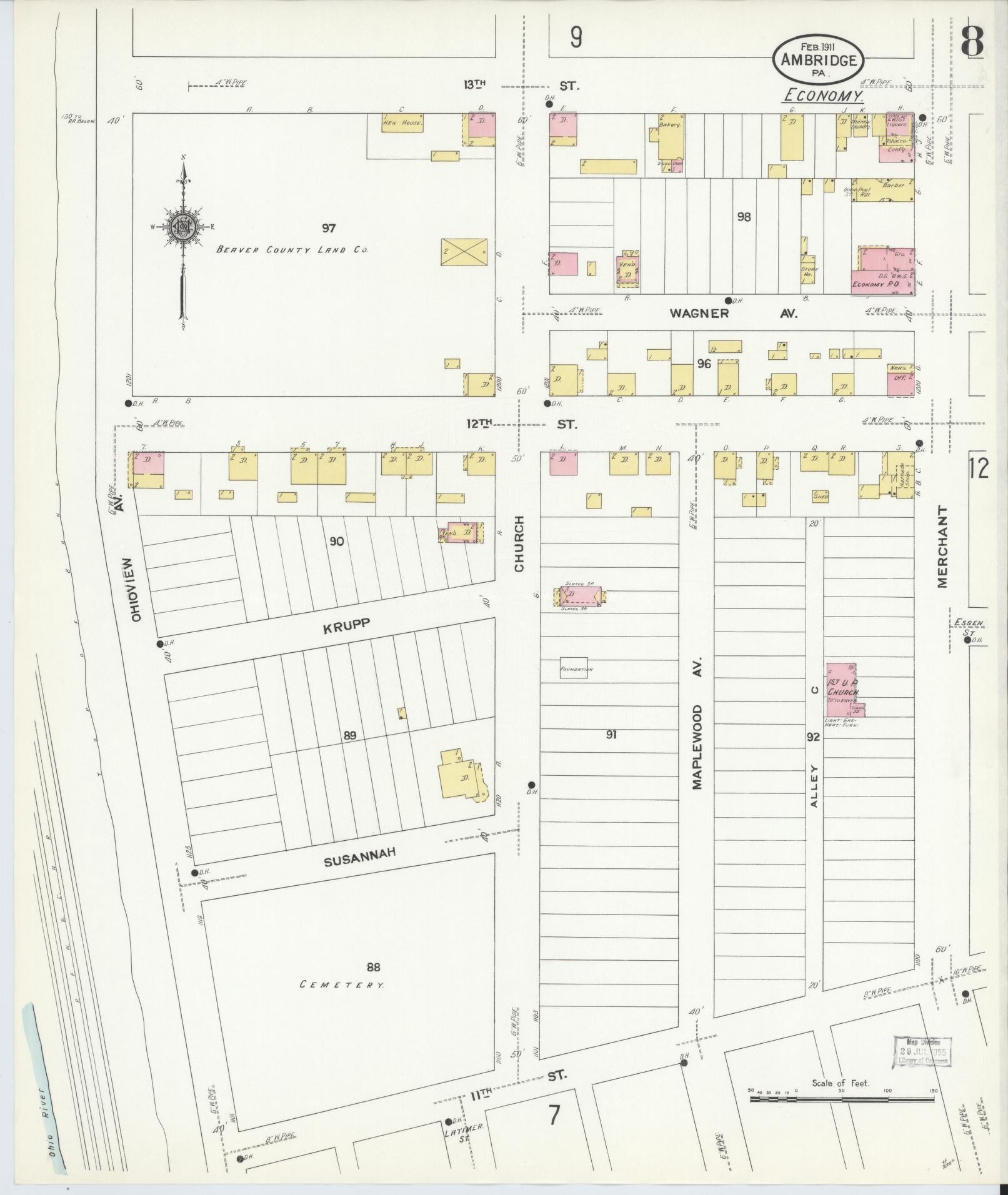 Sanborn Fire Insurance Map from Ambridge, Beaver County, Pennsylvania (1911), Sheet #0008 - Historic Sanborn Fire Insurance Map Print, vintage old map wall art, antique decor, genealogy gift, Pennsylvania Pennsylvania map