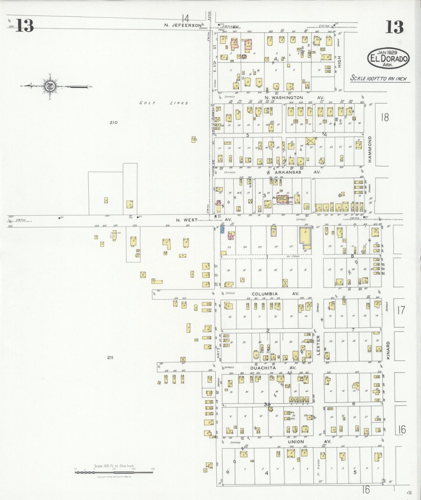 Sanborn Fire Insurance Map from El Dorado, Union County, Arkansas (1929), Sheet #0013 - Complete Map Set gallery image, historic Sanborn map, vintage wall art, Arkansas Arkansas
