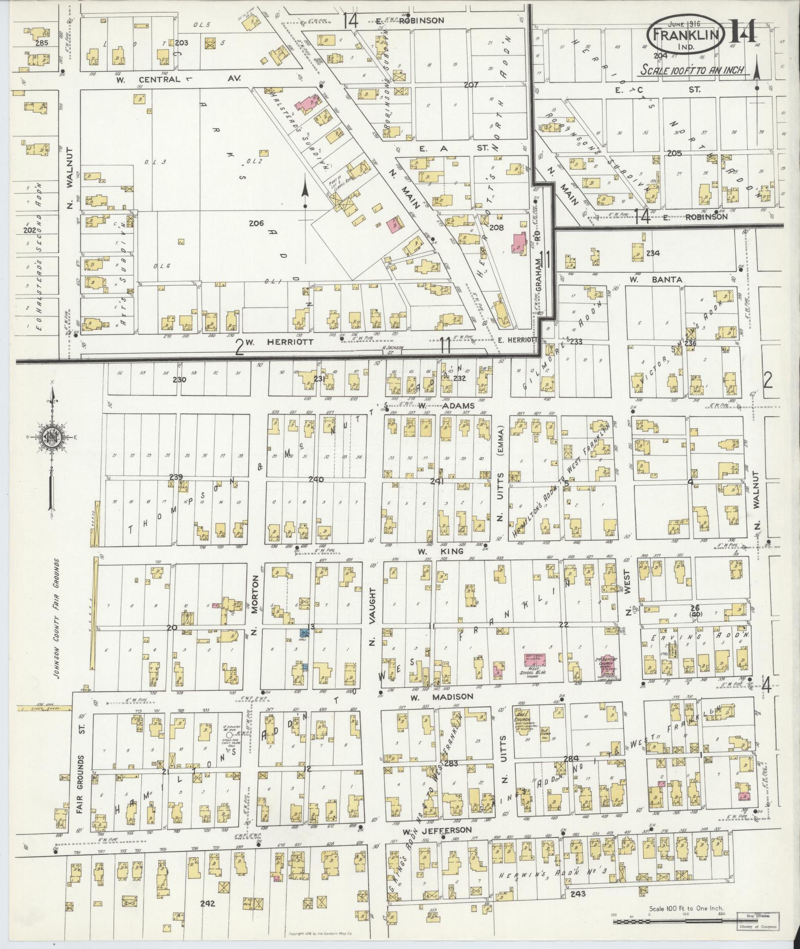Sanborn Fire Insurance Map from Franklin, Johnson County, Indiana (1916), Sheet #0014 - Complete Map Set gallery image, historic Sanborn map, vintage wall art, Indiana Indiana