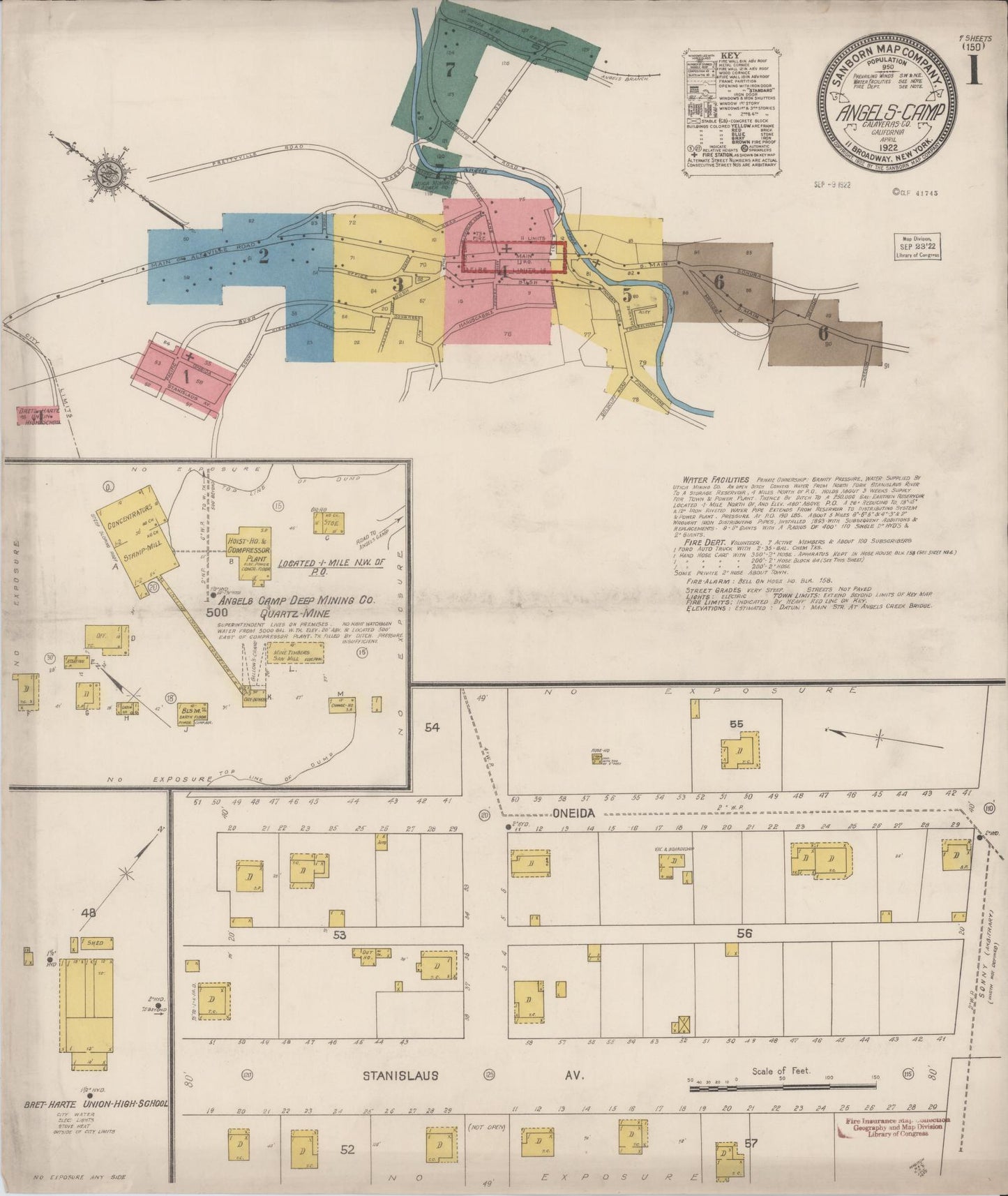 Sanborn Fire Insurance Map from Angels Camp, Calaveras County, California (1922), Sheet #0001 - Historic Sanborn Fire Insurance Map Print, vintage old map wall art, antique decor, genealogy gift, California California map