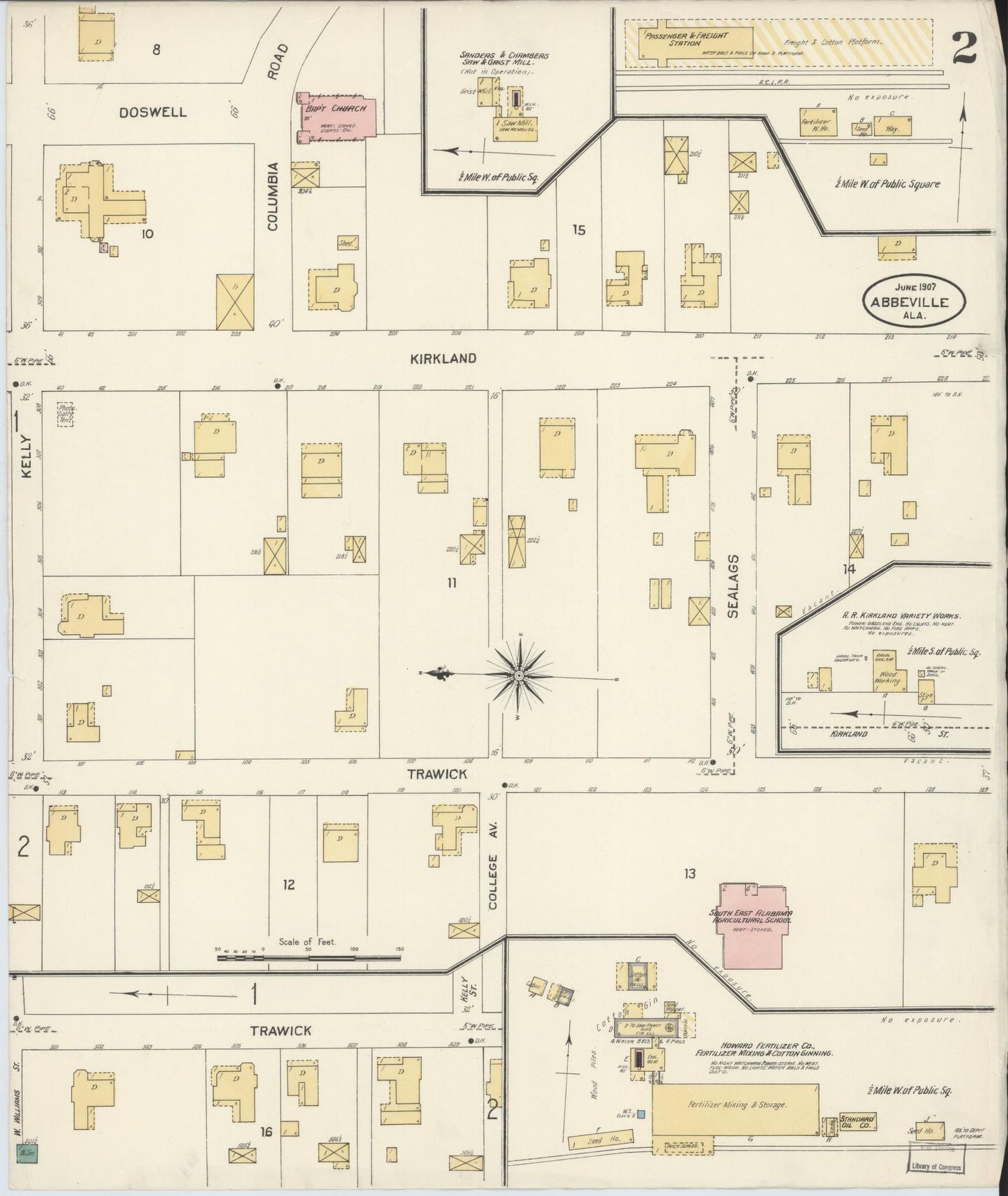 Sanborn Fire Insurance Map from Abbeville, Henry County, Alabama (1907), Sheet #0002 - Historic Sanborn Fire Insurance Map Print, vintage old map wall art, antique decor, genealogy gift, Alabama Alabama map
