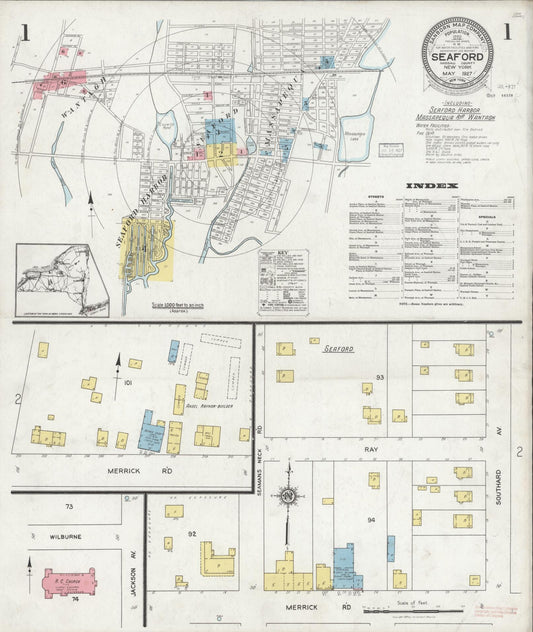 Sanborn Fire Insurance Map from Seaford, Nassau County, New York (1927), Sheet #0001 - Historic Sanborn Fire Insurance Map Print, vintage old map wall art, antique decor, genealogy gift, New York New York map