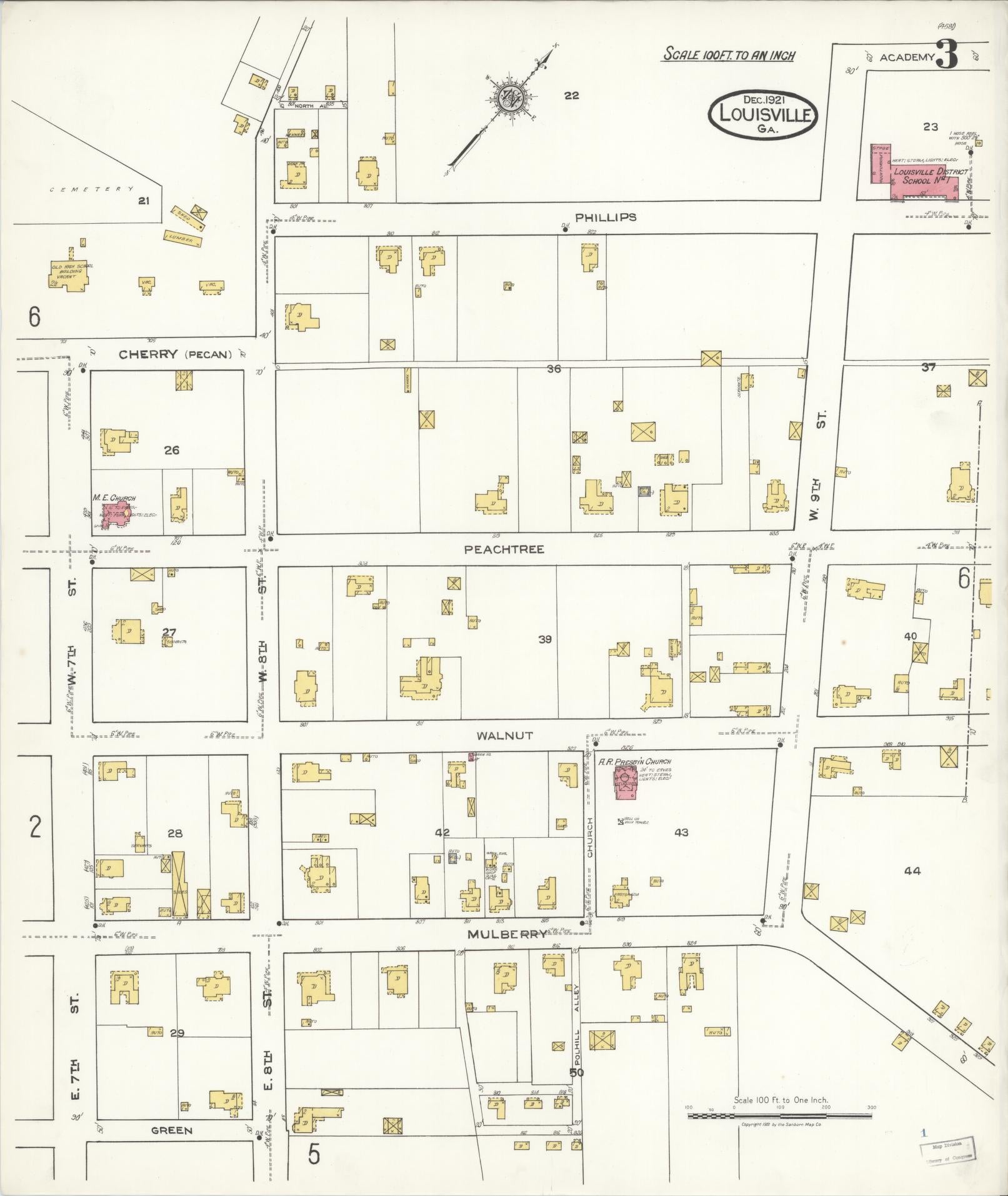 Sanborn Fire Insurance Map from Louisville, Jefferson County, Georgia (1921), Sheet #0003 - Historic Sanborn Fire Insurance Map Print, vintage old map wall art, antique decor, genealogy gift, Georgia Georgia map