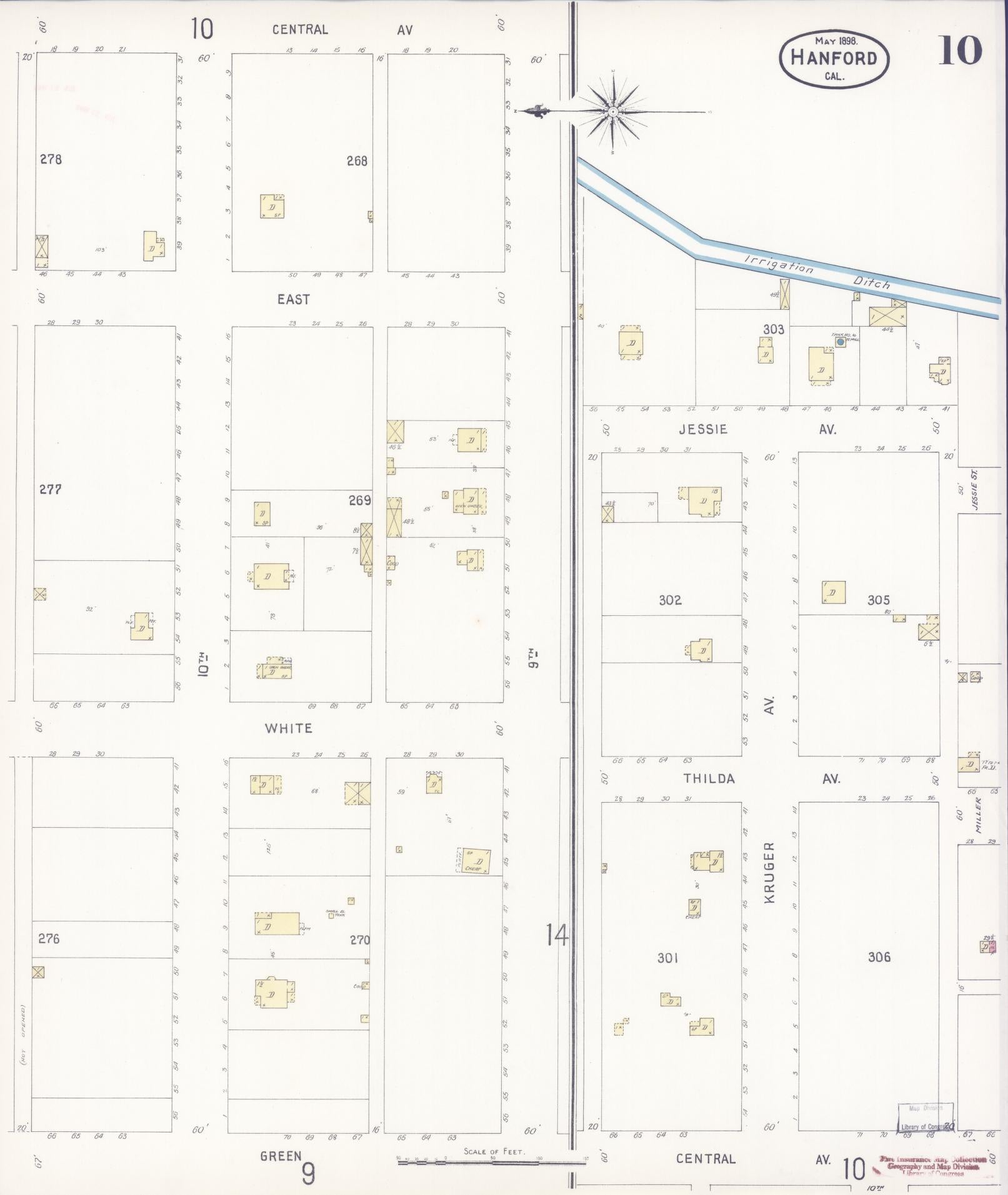 Sanborn Fire Insurance Map from Hanford, Kings County, California (1898), Sheet #0010 - Historic Sanborn Fire Insurance Map Print, vintage old map wall art, antique decor, genealogy gift, California California map