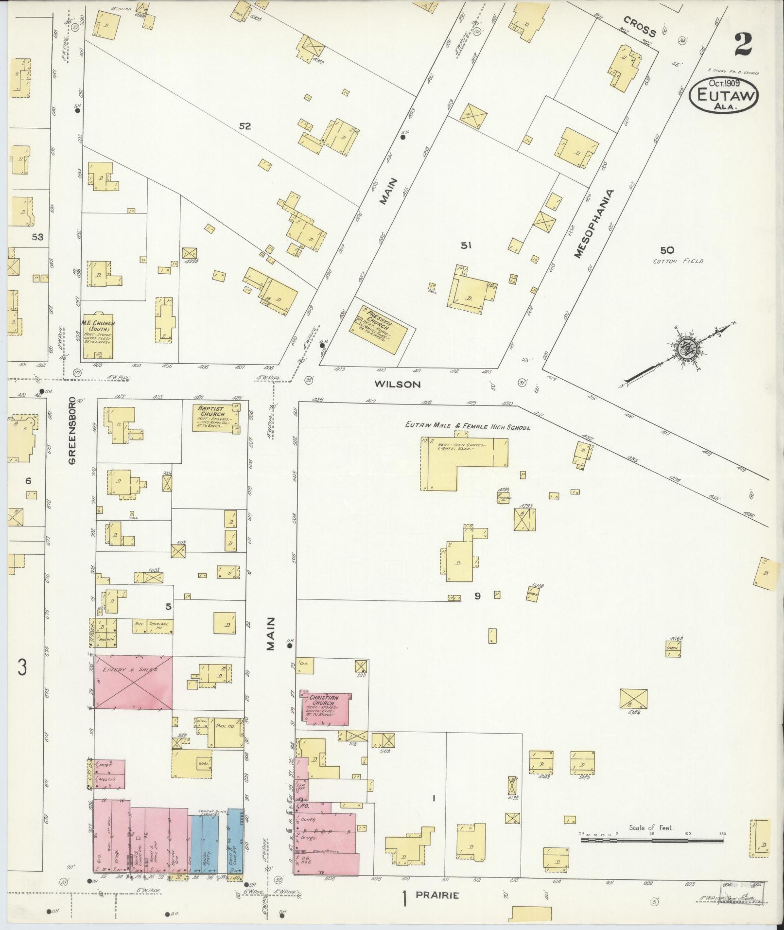 Sanborn Fire Insurance Map from Eutaw, Greene County, Alabama (1909), Sheet #0002 - Historic Sanborn Fire Insurance Map Print, vintage old map wall art, antique decor, genealogy gift, Alabama Alabama map
