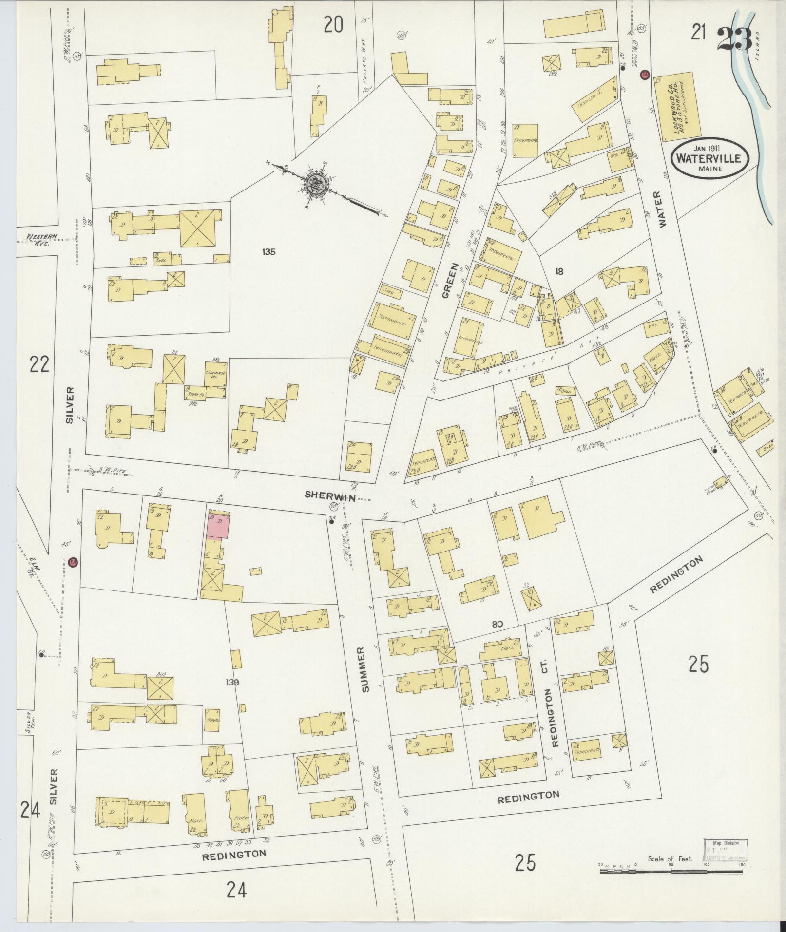 Sanborn Fire Insurance Map from Waterville, Kennebec County, Maine (1911), Sheet #0023 - Historic Sanborn Fire Insurance Map Print, vintage old map wall art, antique decor, genealogy gift, Maine Maine map