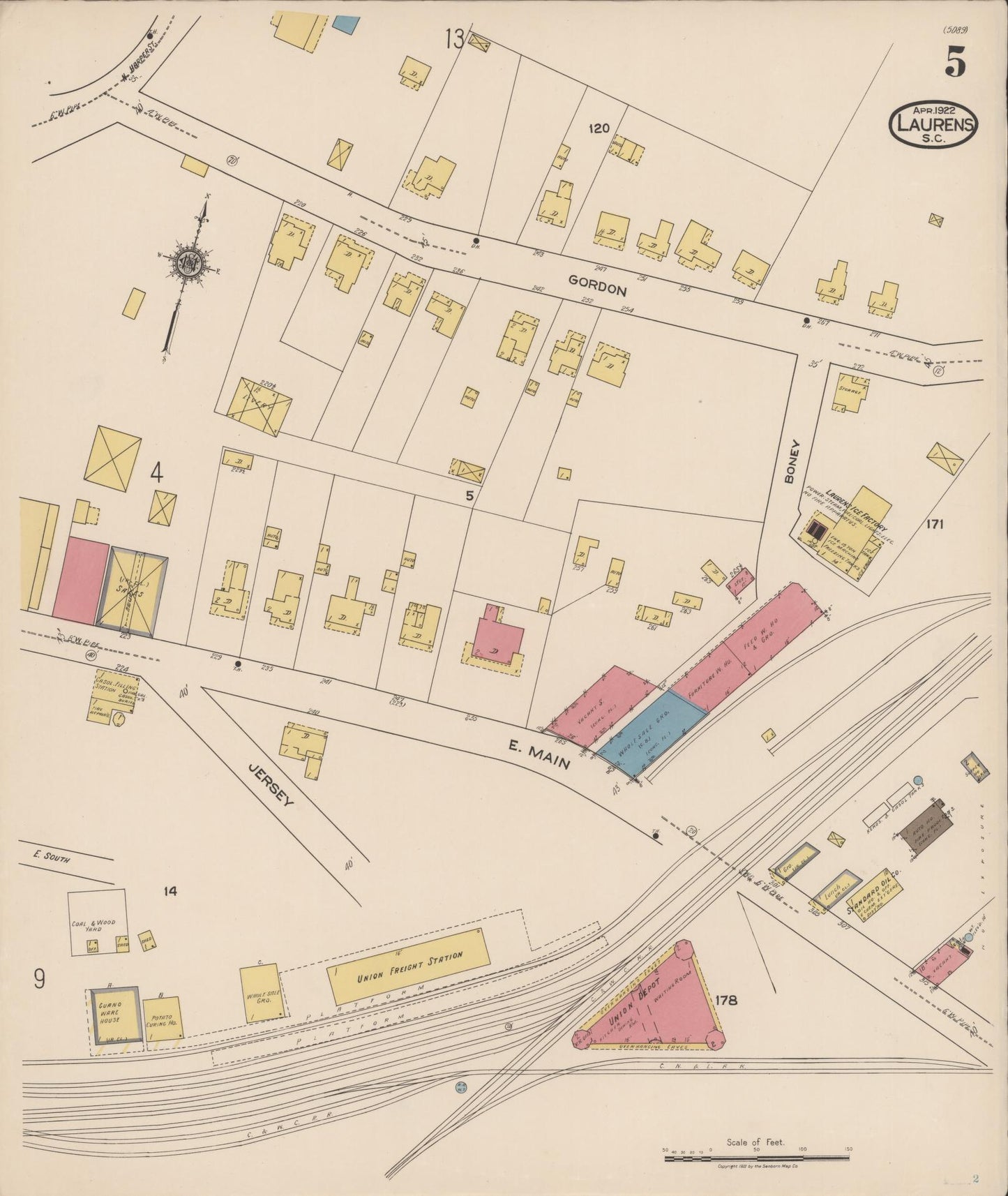 Sanborn Fire Insurance Map from Laurens, Laurens County, South Carolina (1922), Sheet #0005 - Historic Sanborn Fire Insurance Map Print, vintage old map wall art, antique decor, genealogy gift, South Carolina South Carolina map