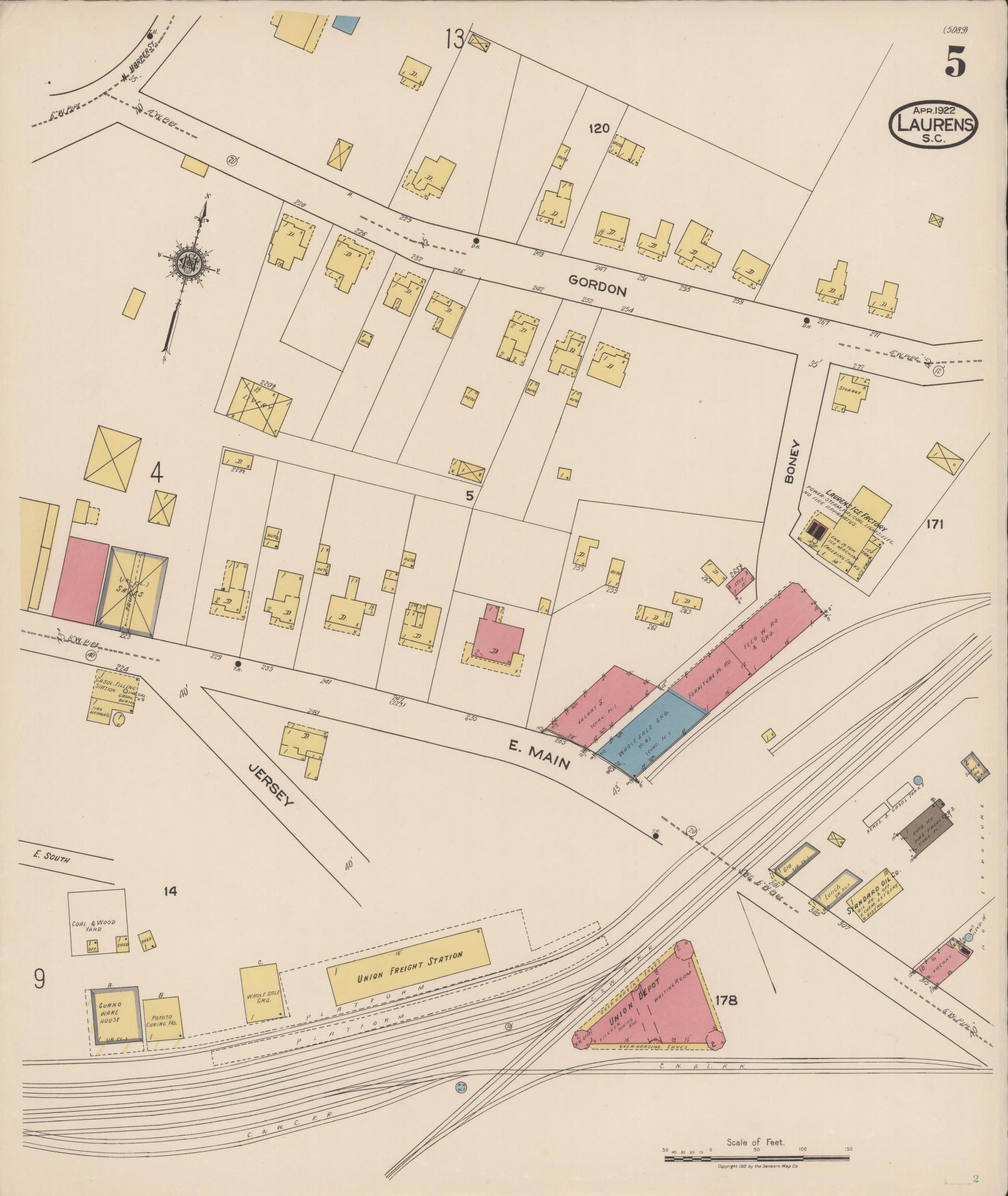 Sanborn Fire Insurance Map from Laurens, Laurens County, South Carolina (1922), Sheet #0005 - Historic Sanborn Fire Insurance Map Print, vintage old map wall art, antique decor, genealogy gift, South Carolina South Carolina map