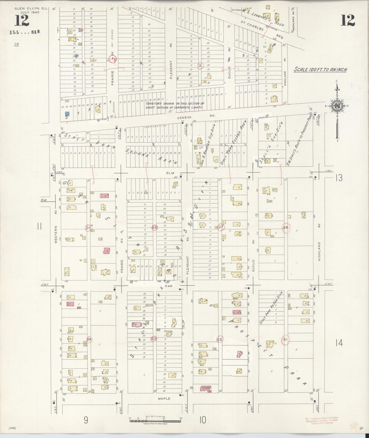 Sanborn Fire Insurance Map from Glen Ellyn, Du Page County, Illinois (1946), Sheet #0012 - Complete Map Set gallery image, historic Sanborn map, vintage wall art, Illinois Illinois