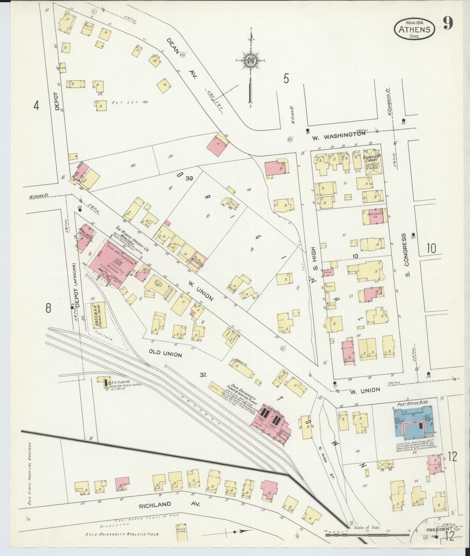 Sanborn Fire Insurance Map from Athens, Athens County, Ohio (1914), Sheet #0009 - Historic Sanborn Fire Insurance Map Print, vintage old map wall art, antique decor, genealogy gift, Ohio Ohio map