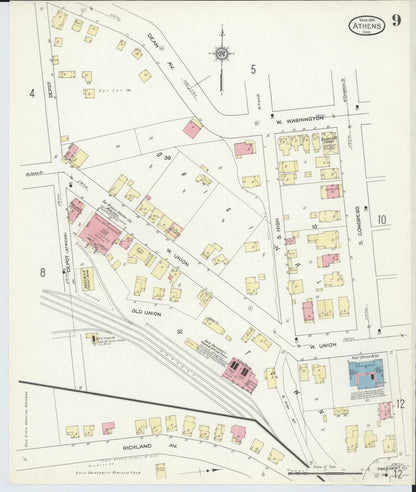 Sanborn Fire Insurance Map from Athens, Athens County, Ohio (1914), Sheet #0009 - Historic Sanborn Fire Insurance Map Print, vintage old map wall art, antique decor, genealogy gift, Ohio Ohio map