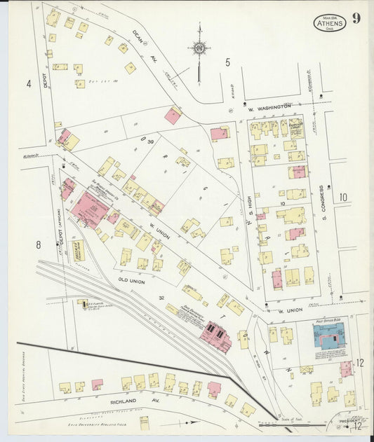 Sanborn Fire Insurance Map from Athens, Athens County, Ohio (1914), Sheet #0009 - Historic Sanborn Fire Insurance Map Print, vintage old map wall art, antique decor, genealogy gift, Ohio Ohio map