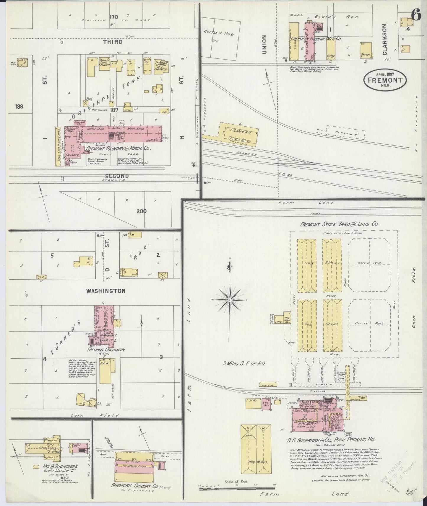 Sanborn Fire Insurance Map from Fremont, Dodge County, Nebraska (1897), Sheet #0006 - Historic Sanborn Fire Insurance Map Print, vintage old map wall art, antique decor, genealogy gift, Nebraska Nebraska map