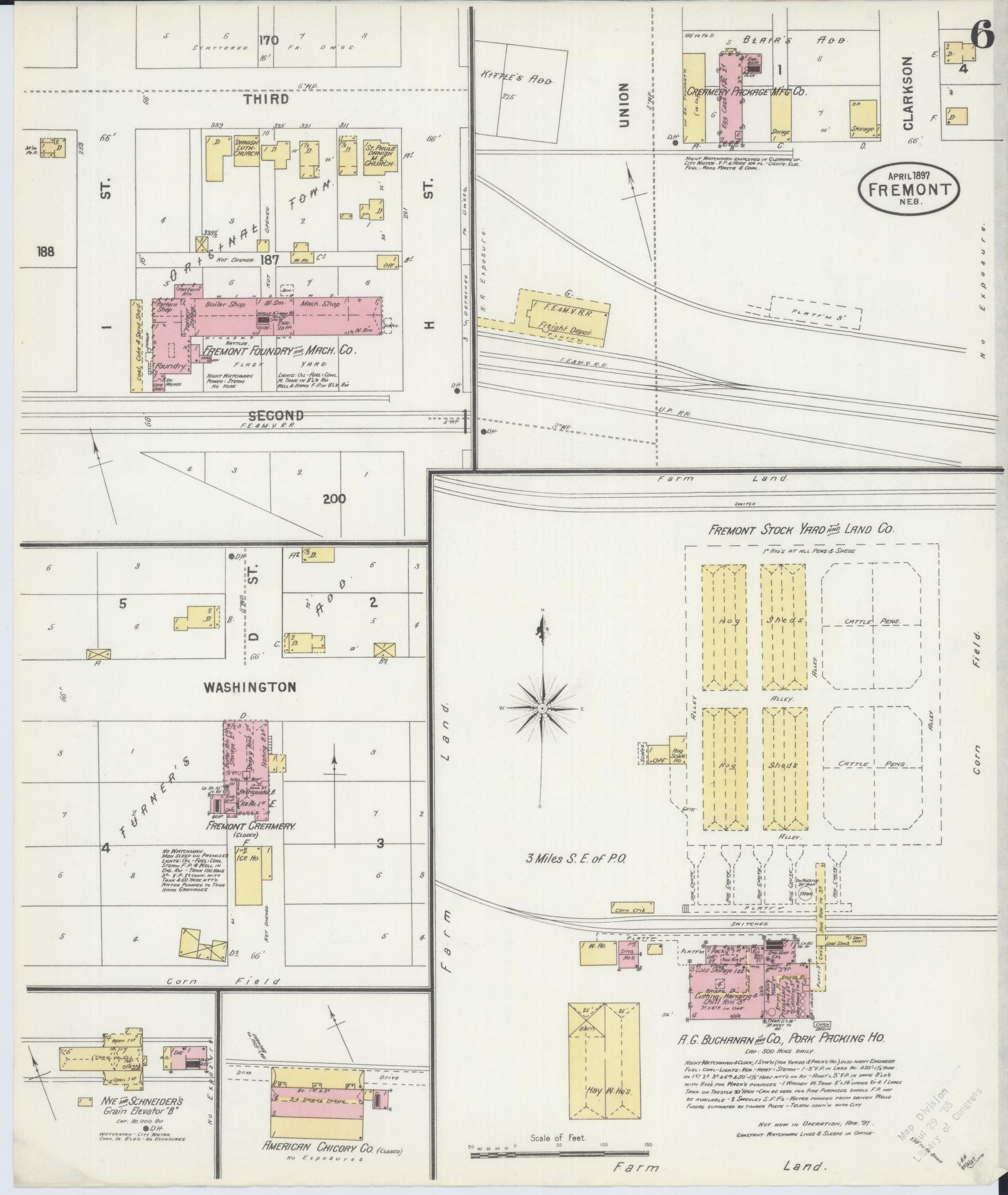 Sanborn Fire Insurance Map from Fremont, Dodge County, Nebraska (1897), Sheet #0006 - Historic Sanborn Fire Insurance Map Print, vintage old map wall art, antique decor, genealogy gift, Nebraska Nebraska map