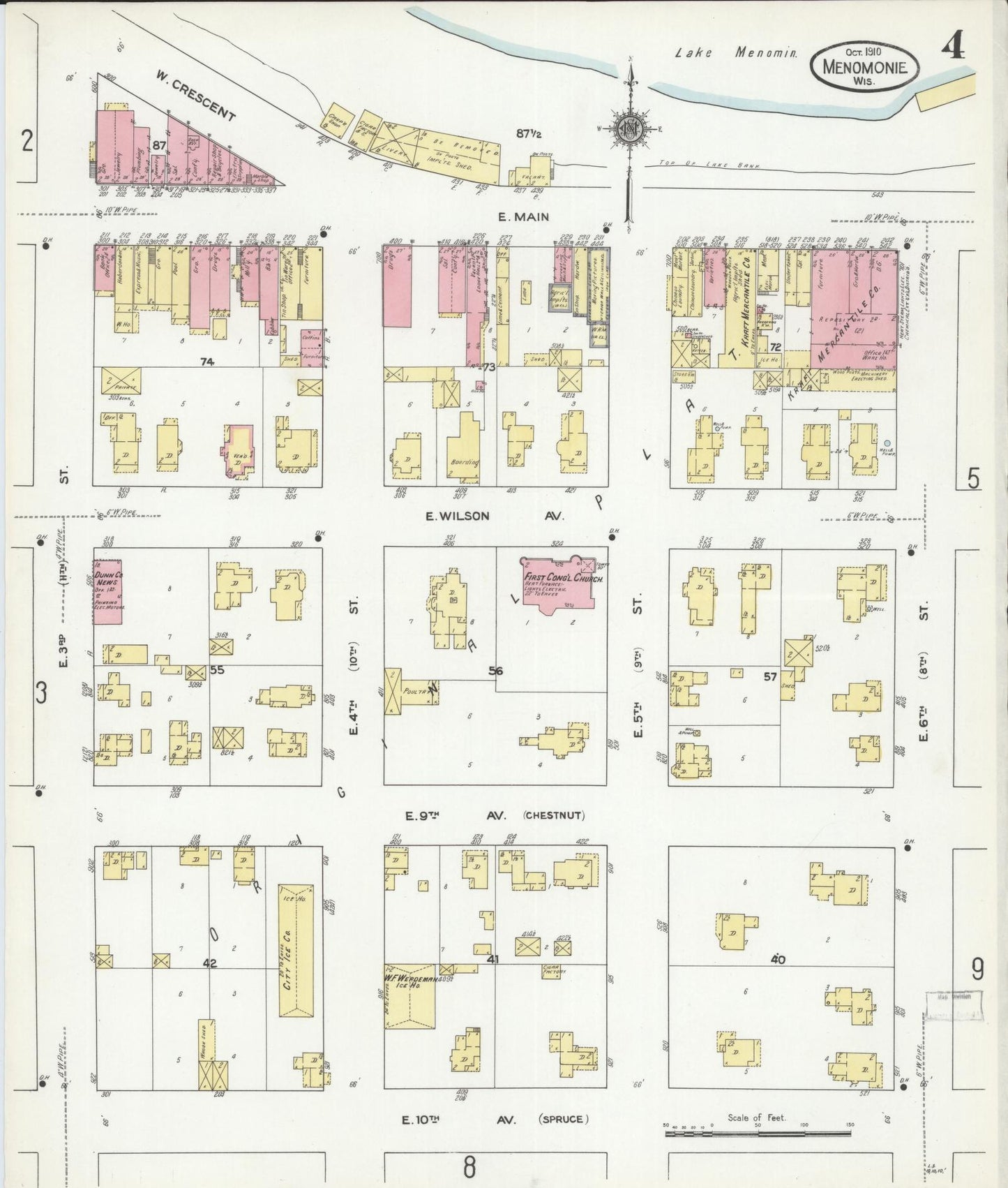 Sanborn Fire Insurance Map from Menomonie, Dunn County, Wisconsin (1910), Sheet #0004 - Historic Sanborn Fire Insurance Map Print, vintage old map wall art, antique decor, genealogy gift, Wisconsin Wisconsin map