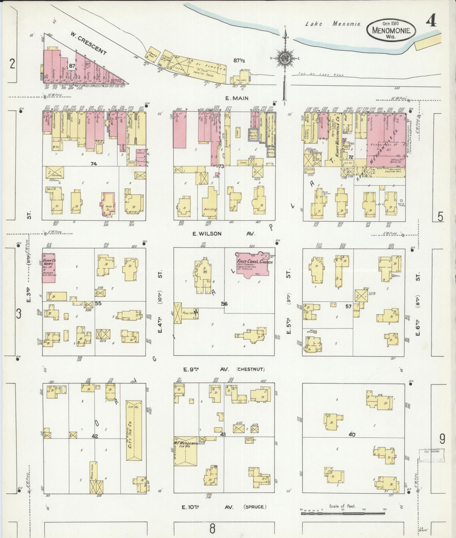 Sanborn Fire Insurance Map from Menomonie, Dunn County, Wisconsin (1910), Sheet #0004 - Historic Sanborn Fire Insurance Map Print, vintage old map wall art, antique decor, genealogy gift, Wisconsin Wisconsin map