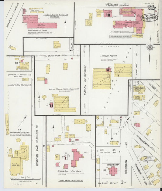 Sanborn Fire Insurance Map from Mount Clemens, Macomb County, Michigan (1921), Sheet #0022 - Historic Sanborn Fire Insurance Map Print, vintage old map wall art, antique decor, genealogy gift, Michigan Michigan map