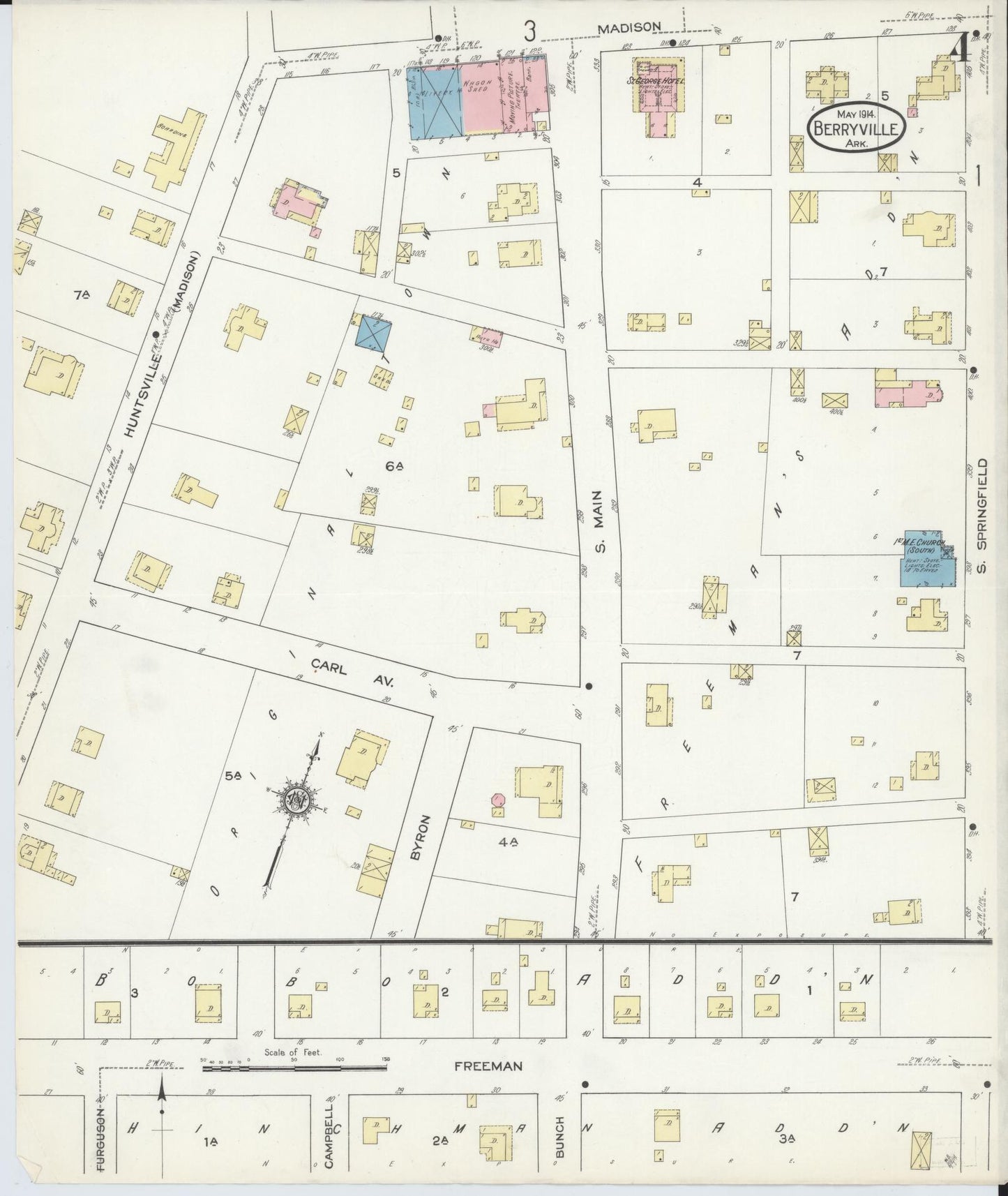 Sanborn Fire Insurance Map from Berryville, Carroll County, Arkansas (1914), Sheet #0004 - Historic Sanborn Fire Insurance Map Print, vintage old map wall art, antique decor, genealogy gift, Arkansas Arkansas map