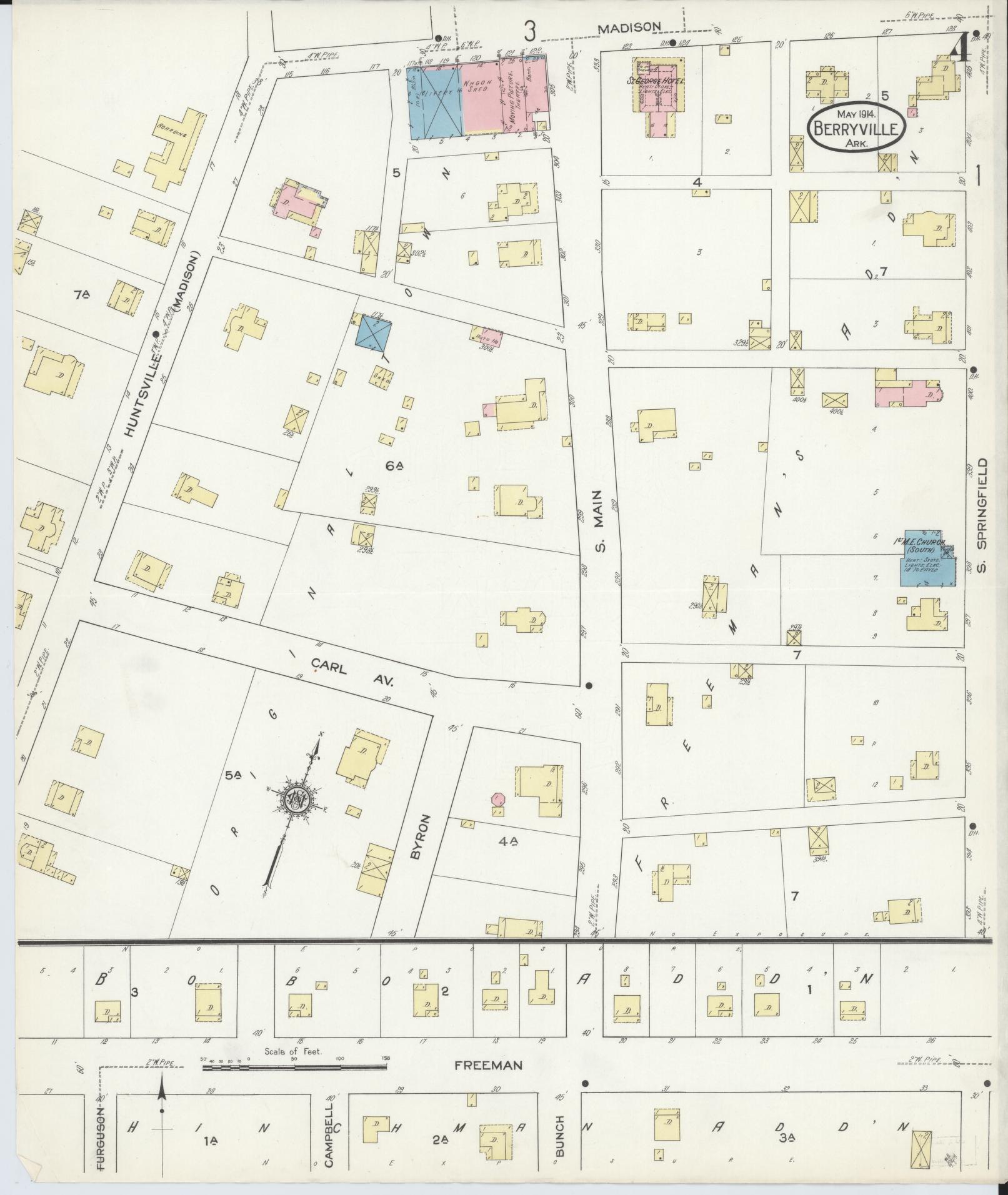 Sanborn Fire Insurance Map from Berryville, Carroll County, Arkansas (1914), Sheet #0004 - Historic Sanborn Fire Insurance Map Print, vintage old map wall art, antique decor, genealogy gift, Arkansas Arkansas map