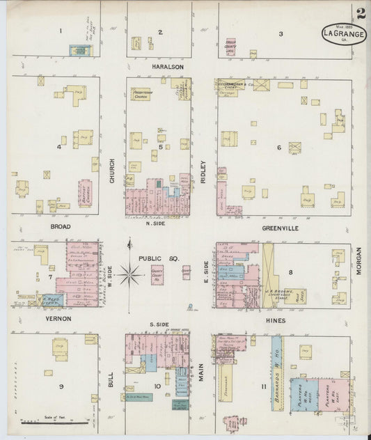 Sanborn Fire Insurance Map from La Grange, Troup County, Georgia (1889), Sheet #0002 - Historic Sanborn Fire Insurance Map Print, vintage old map wall art, antique decor, genealogy gift, Georgia Georgia map