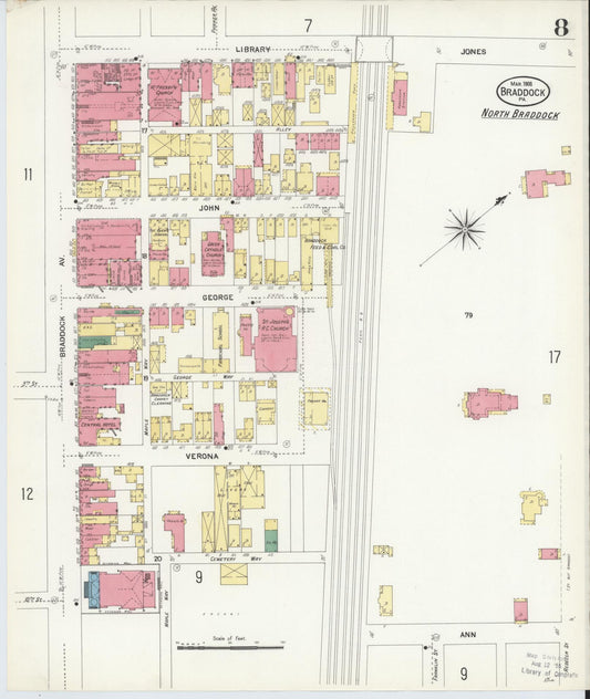Sanborn Fire Insurance Map from Braddock, Allegheny County, Pennsylvania (1908), Sheet #0008 - Historic Sanborn Fire Insurance Map Print, vintage old map wall art, antique decor, genealogy gift, Pennsylvania Pennsylvania map