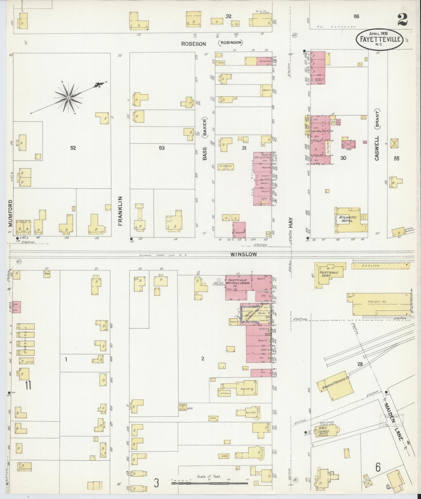 Sanborn Fire Insurance Map from Fayetteville, Cumberland County, North Carolina (1908), Sheet #0002 - Complete Map Set gallery image, historic Sanborn map, vintage wall art, North Carolina North Carolina