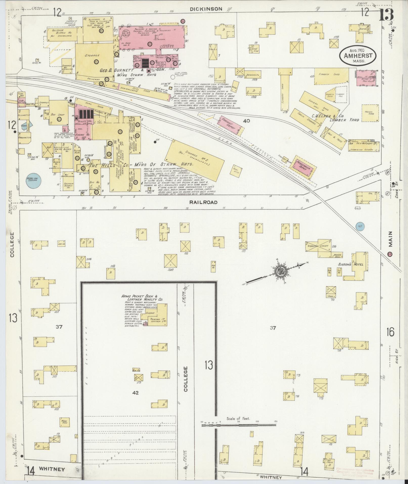 Sanborn Fire Insurance Map from Amherst, Hampshire County, Massachusetts (1910), Sheet #0013 - Complete Map Set gallery image, historic Sanborn map, vintage wall art, Massachusetts Massachusetts