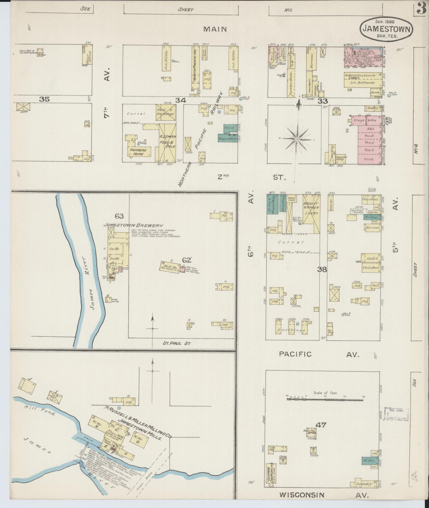Sanborn Fire Insurance Map from Jamestown, Stutsman County, North Dakota (1886), Sheet #0003 - Historic Sanborn Fire Insurance Map Print, vintage old map wall art, antique decor, genealogy gift, North Dakota North Dakota map