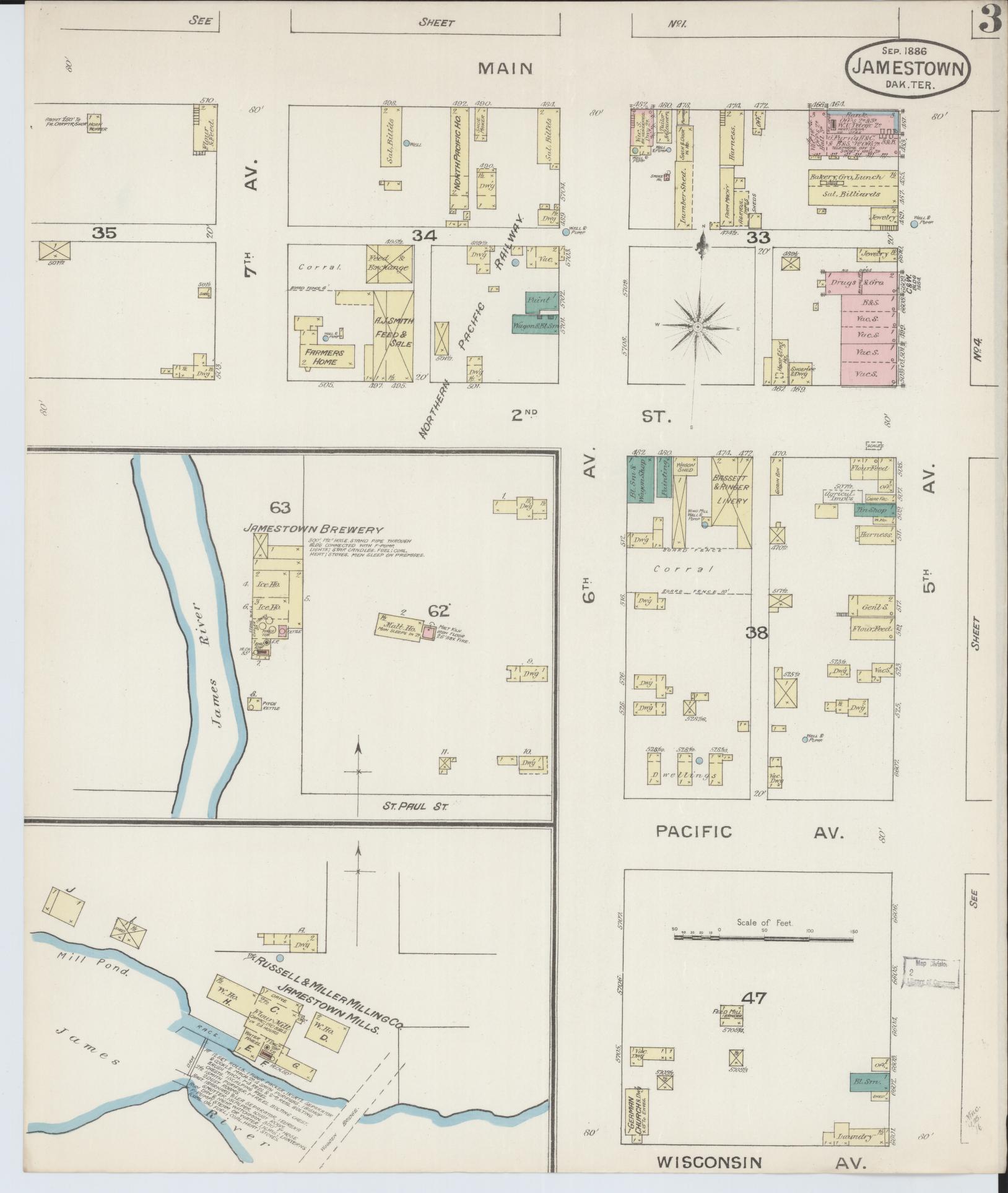 Sanborn Fire Insurance Map from Jamestown, Stutsman County, North Dakota (1886), Sheet #0003 - Historic Sanborn Fire Insurance Map Print, vintage old map wall art, antique decor, genealogy gift, North Dakota North Dakota map
