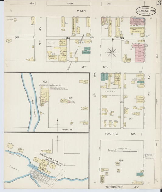 Sanborn Fire Insurance Map from Jamestown, Stutsman County, North Dakota (1886), Sheet #0003 - Historic Sanborn Fire Insurance Map Print, vintage old map wall art, antique decor, genealogy gift, North Dakota North Dakota map