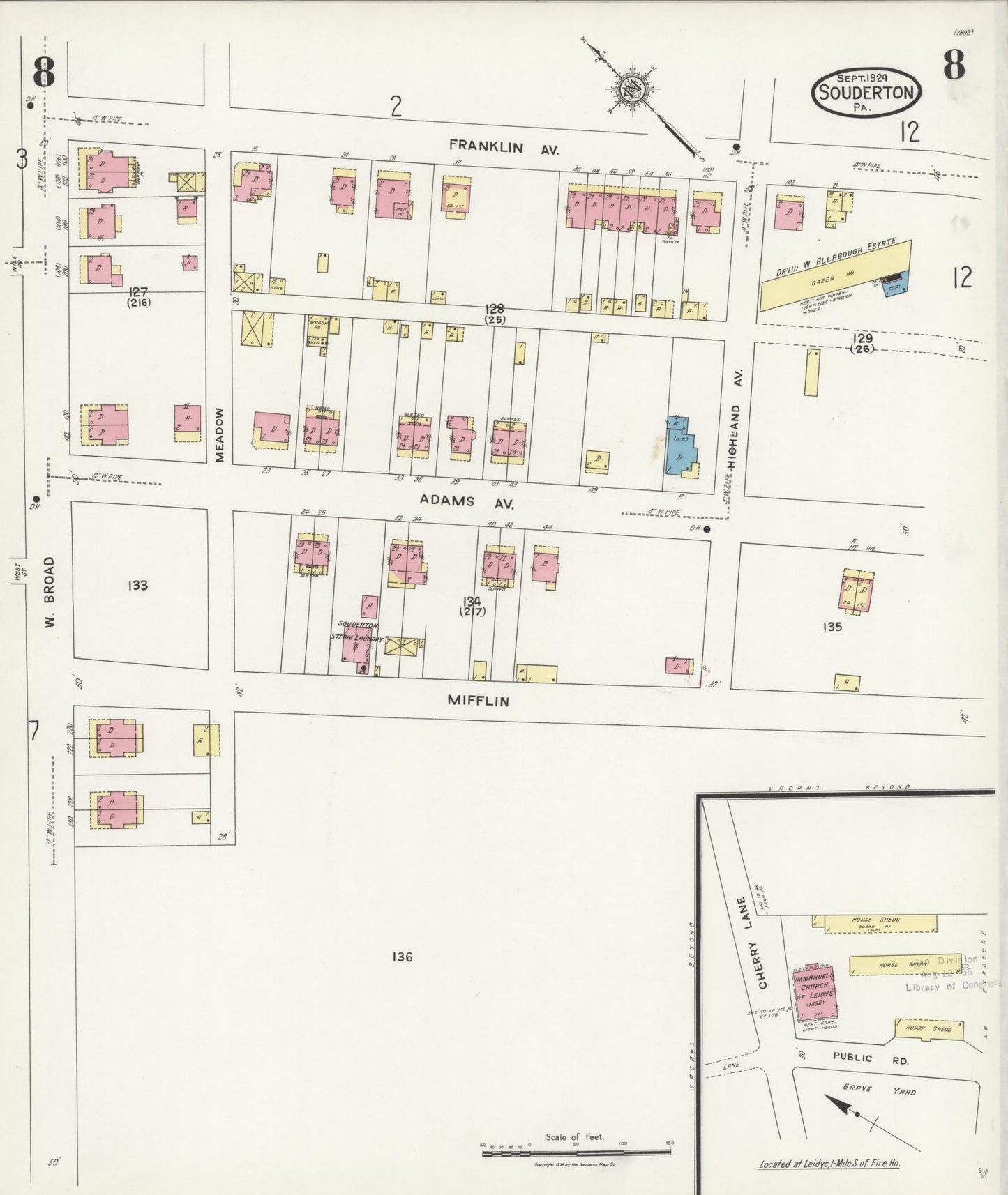 Sanborn Fire Insurance Map from Souderton, Montgomery County, Pennsylvania (1924), Sheet #0008 - Complete Map Set gallery image, historic Sanborn map, vintage wall art, Pennsylvania Pennsylvania