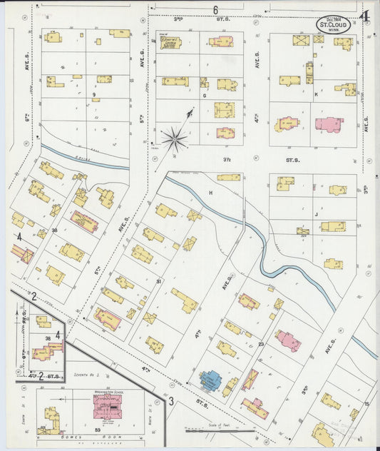 Sanborn Fire Insurance Map from Saint Cloud, Stearns, Benton, and Sherburne Counties, Minnesota (1904), Sheet #0004 - Historic Sanborn Fire Insurance Map Print, vintage old map wall art, antique decor, genealogy gift, Minnesota Minnesota map