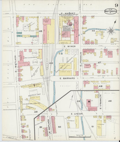 Sanborn Fire Insurance Map from West Chester, Chester County, Pennsylvania (1891), Sheet #0009 - Historic Sanborn Fire Insurance Map Print, vintage old map wall art, antique decor, genealogy gift, Pennsylvania Pennsylvania map