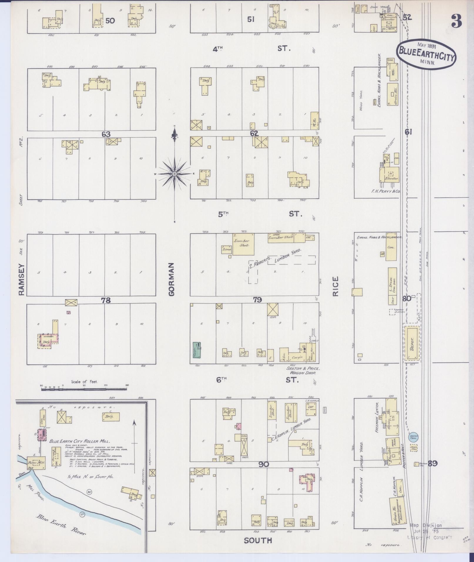 Sanborn Fire Insurance Map from Blue Earth, Faribault County, Minnesota (1891), Sheet #0003 - Complete Map Set gallery image, historic Sanborn map, vintage wall art, Minnesota Minnesota