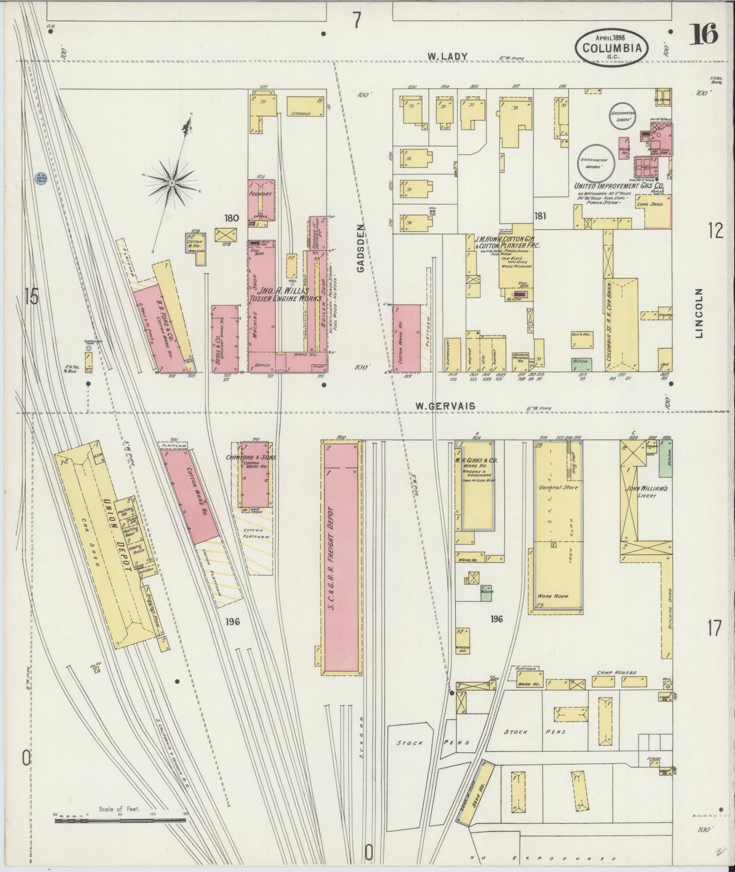 Sanborn Fire Insurance Map from Columbia, Richland County, South Carolina (1898), Sheet #0016 - Complete Map Set gallery image, historic Sanborn map, vintage wall art, South Carolina South Carolina