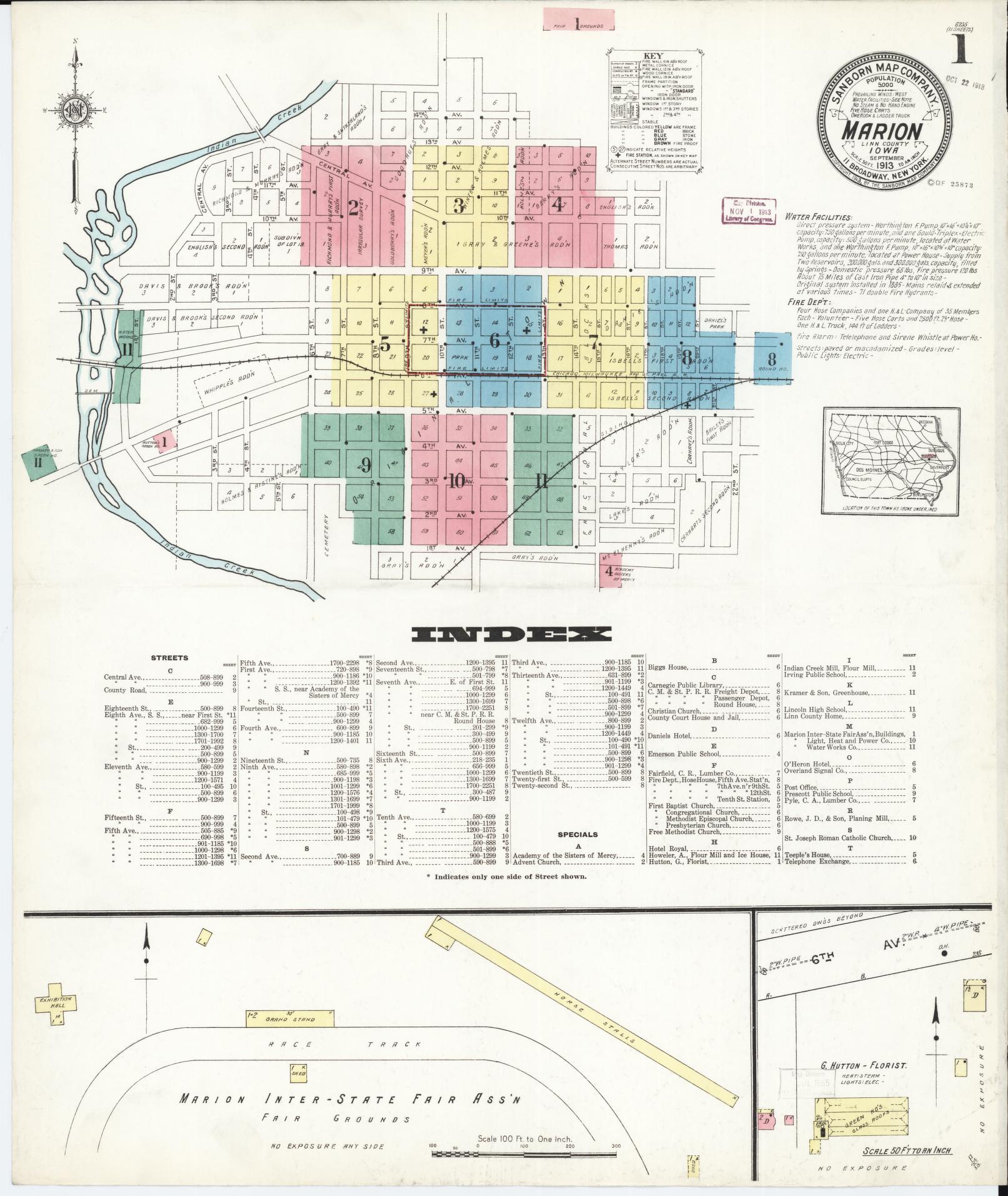 Sanborn Fire Insurance Map from Marion, Linn County, Iowa (1913), Sheet #0001 - Historic Sanborn Fire Insurance Map Print