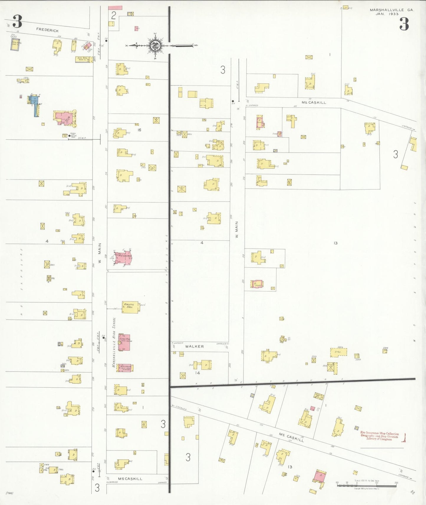 Sanborn Fire Insurance Map from Marshallville, Macon County, Georgia (1933), Sheet #0003 - Complete Map Set gallery image, historic Sanborn map, vintage wall art, Georgia Georgia