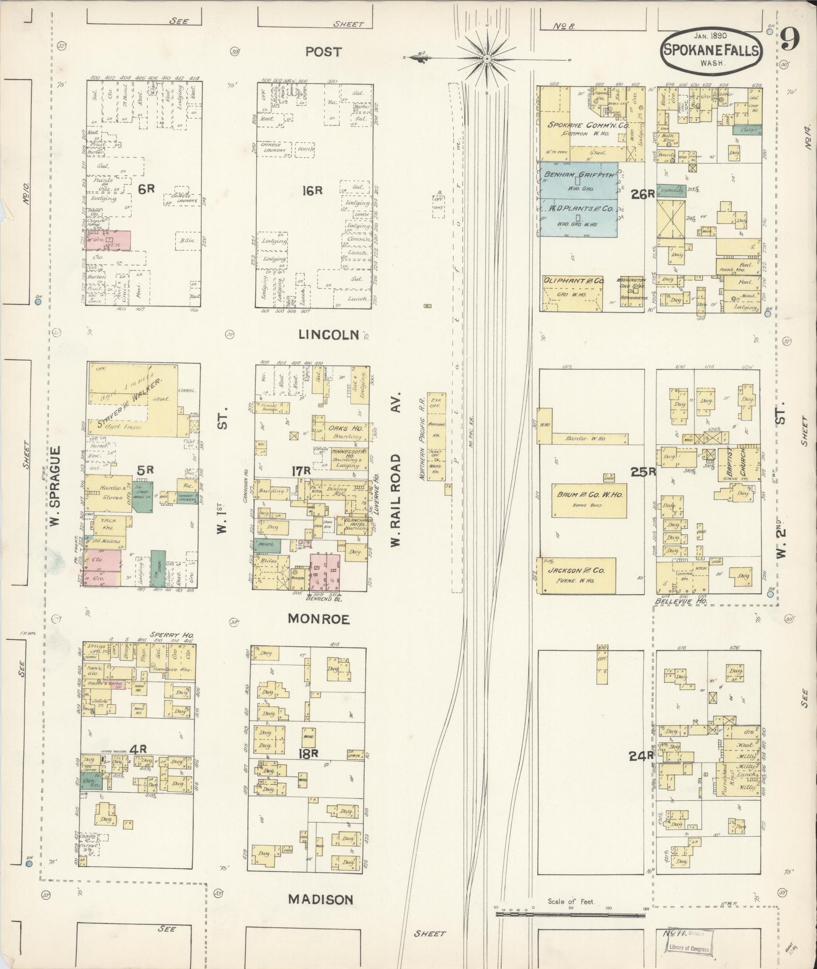 Sanborn Fire Insurance Map from Spokane, Spokane County, Washington (1890), Sheet #0009 - Historic Sanborn Fire Insurance Map Print, vintage old map wall art, antique decor, genealogy gift, Washington Washington map