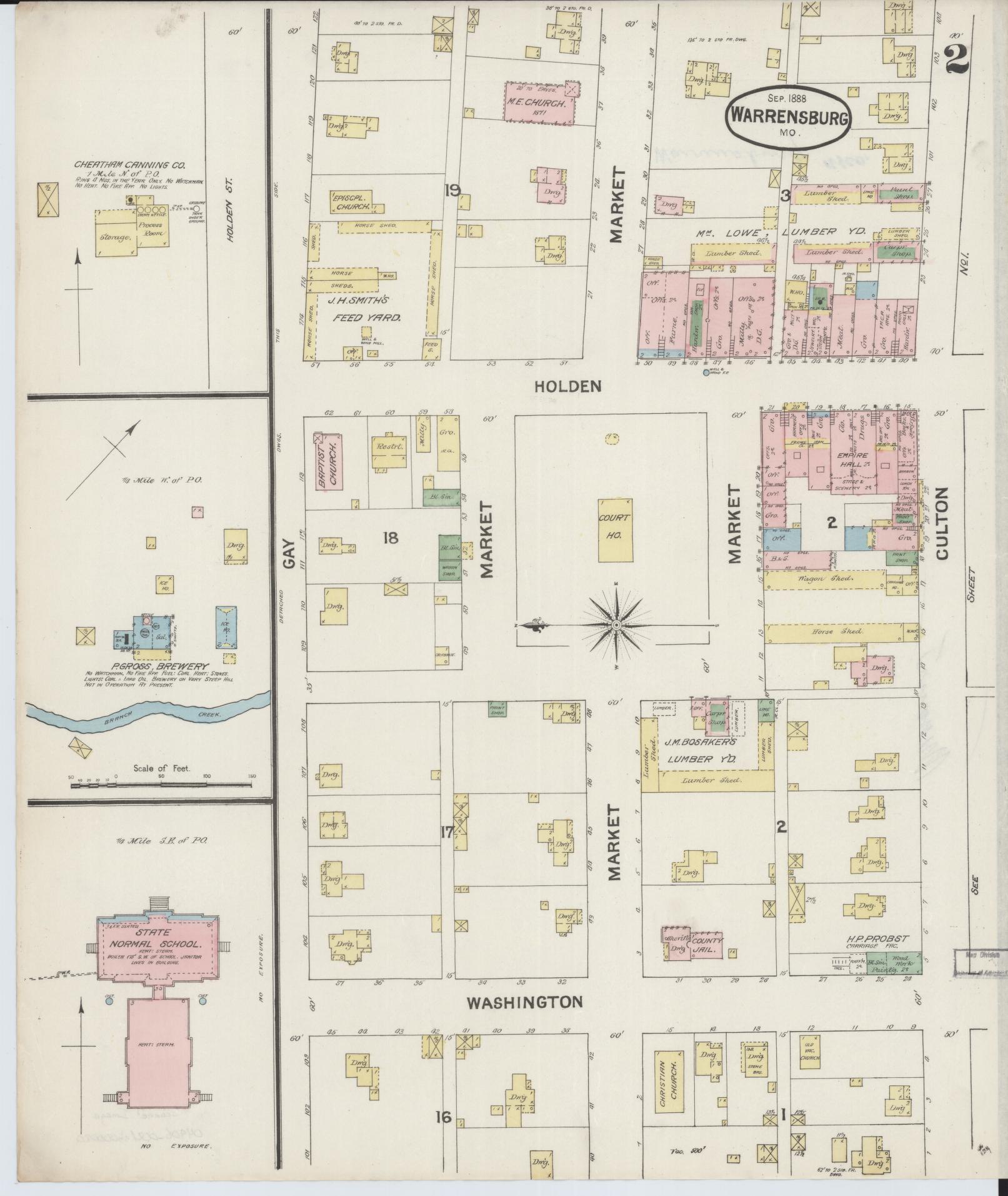 Sanborn Fire Insurance Map from Warrensburg, Johnson County, Missouri (1888), Sheet #0002 - Complete Map Set gallery image, historic Sanborn map, vintage wall art, Missouri Missouri